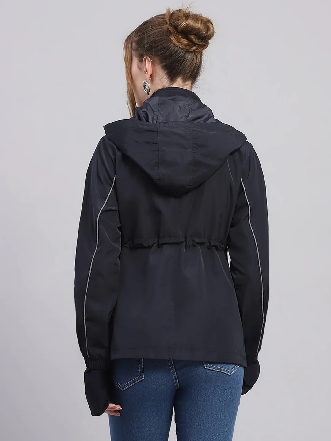 Women Navy Blue Solid Detachable Hood Full Sleeve Jacket - Image 5