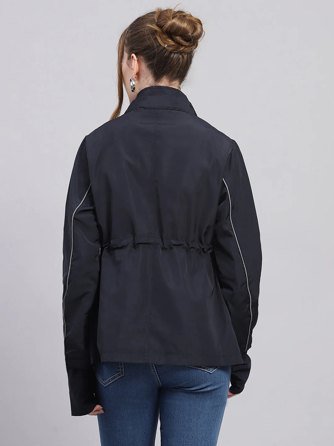 Women Navy Blue Solid Detachable Hood Full Sleeve Jacket - Image 6