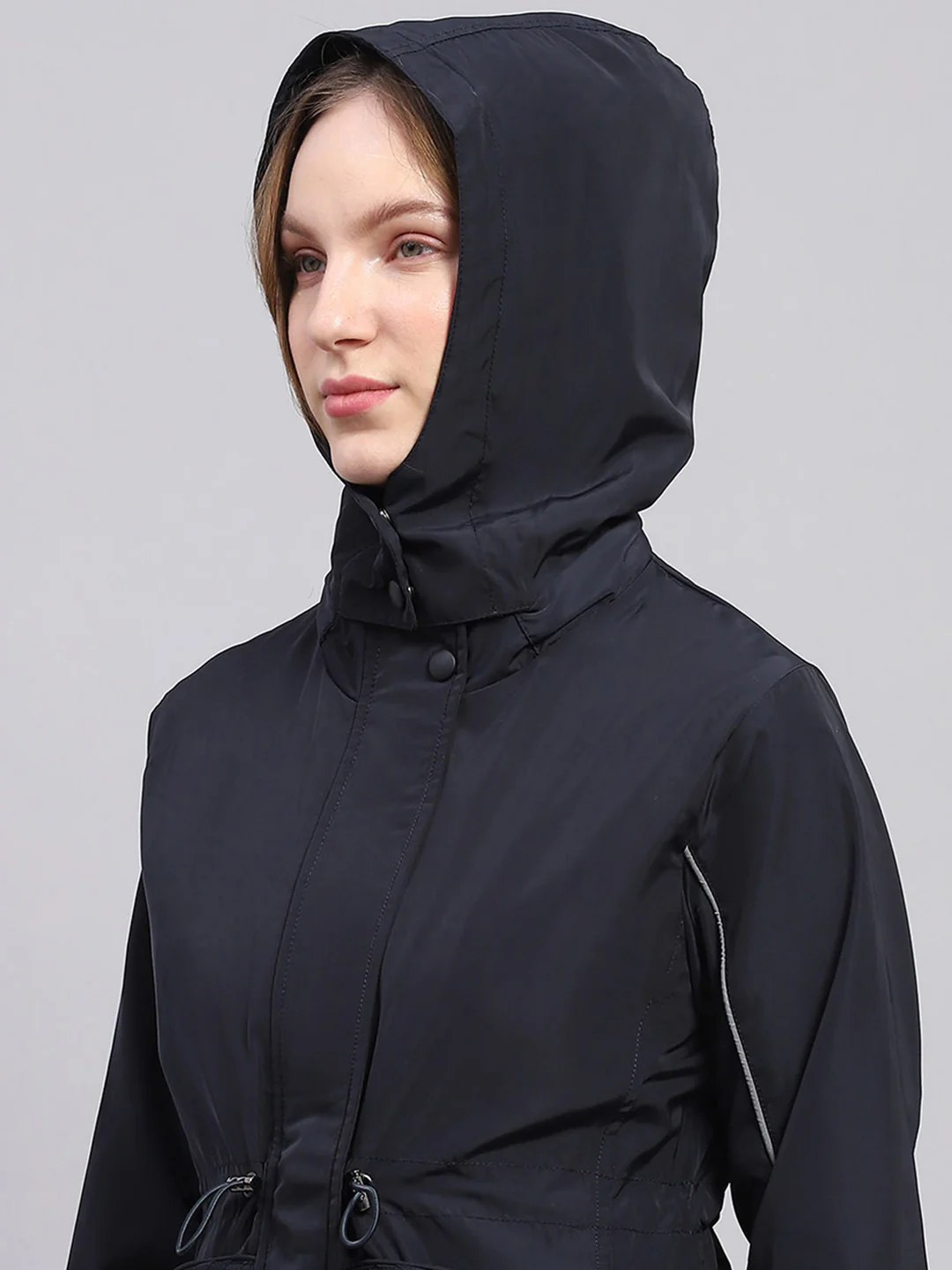 Women Navy Blue Solid Detachable Hood Full Sleeve Jacket - Image 8