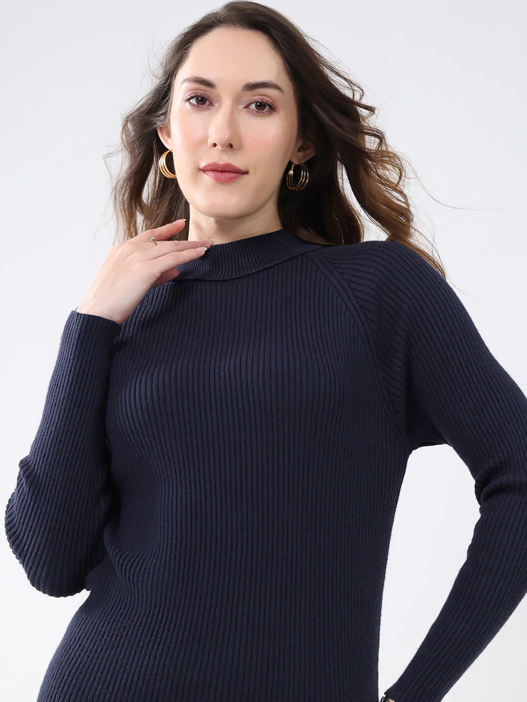 Women Navy Blue Solid High Neck Full Sleeve Sceavy - Image 7