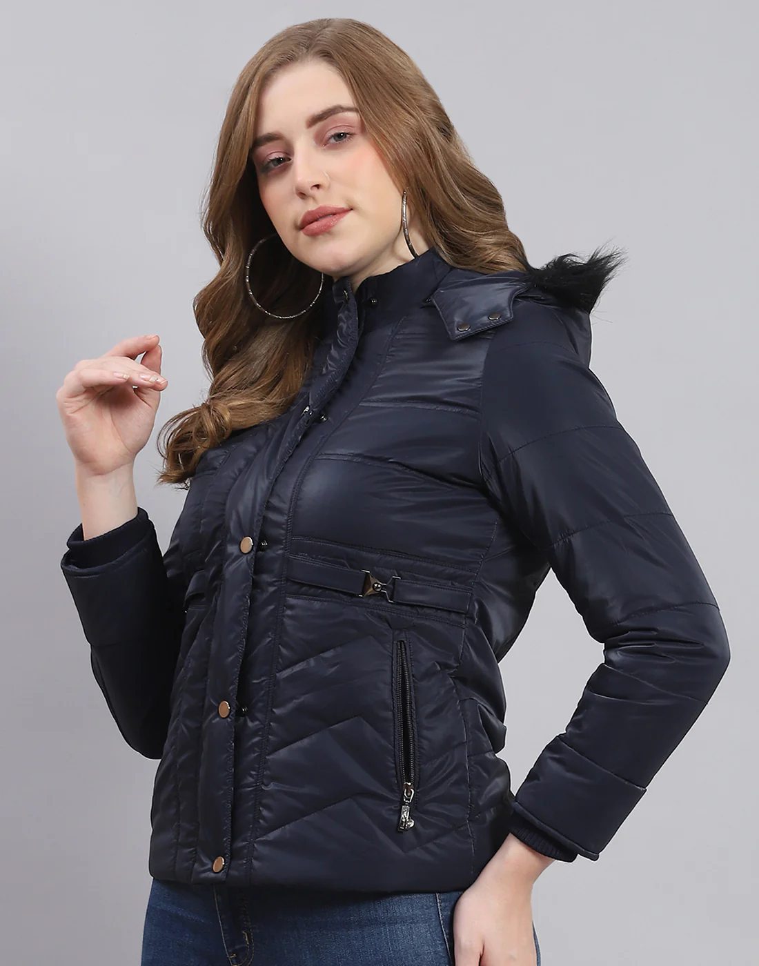 Women Navy Blue Solid Hooded Full Sleeve Jacket - Image 3