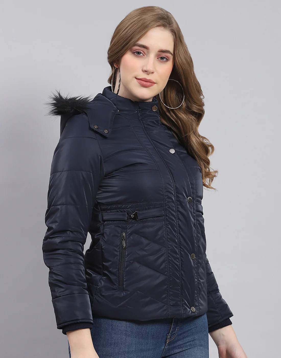 Women Navy Blue Solid Hooded Full Sleeve Jacket - Image 4