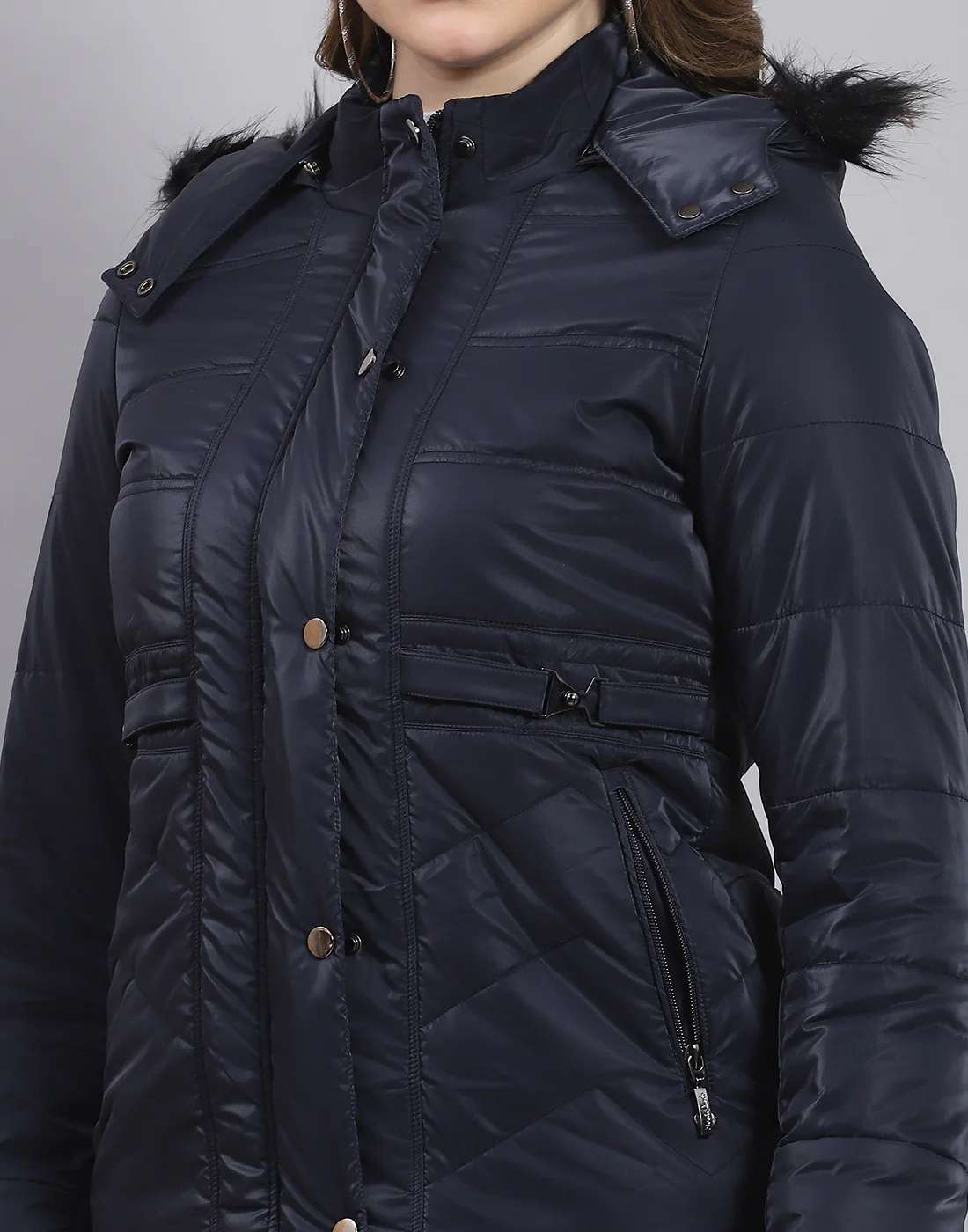 Women Navy Blue Solid Hooded Full Sleeve Jacket - Image 6