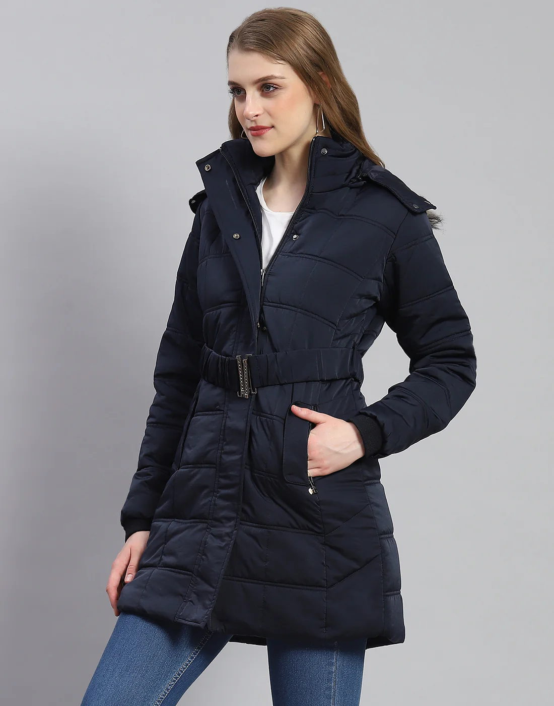 Women Navy Blue Solid Hooded Full Sleeve Jacket - Image 3