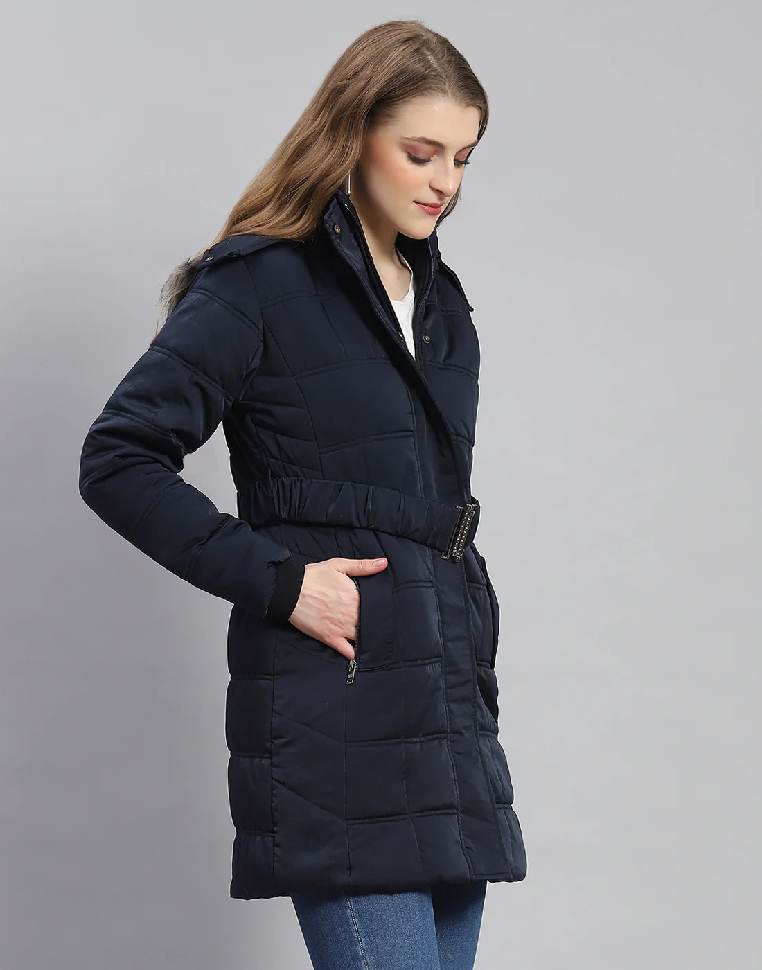 Women Navy Blue Solid Hooded Full Sleeve Jacket - Image 4