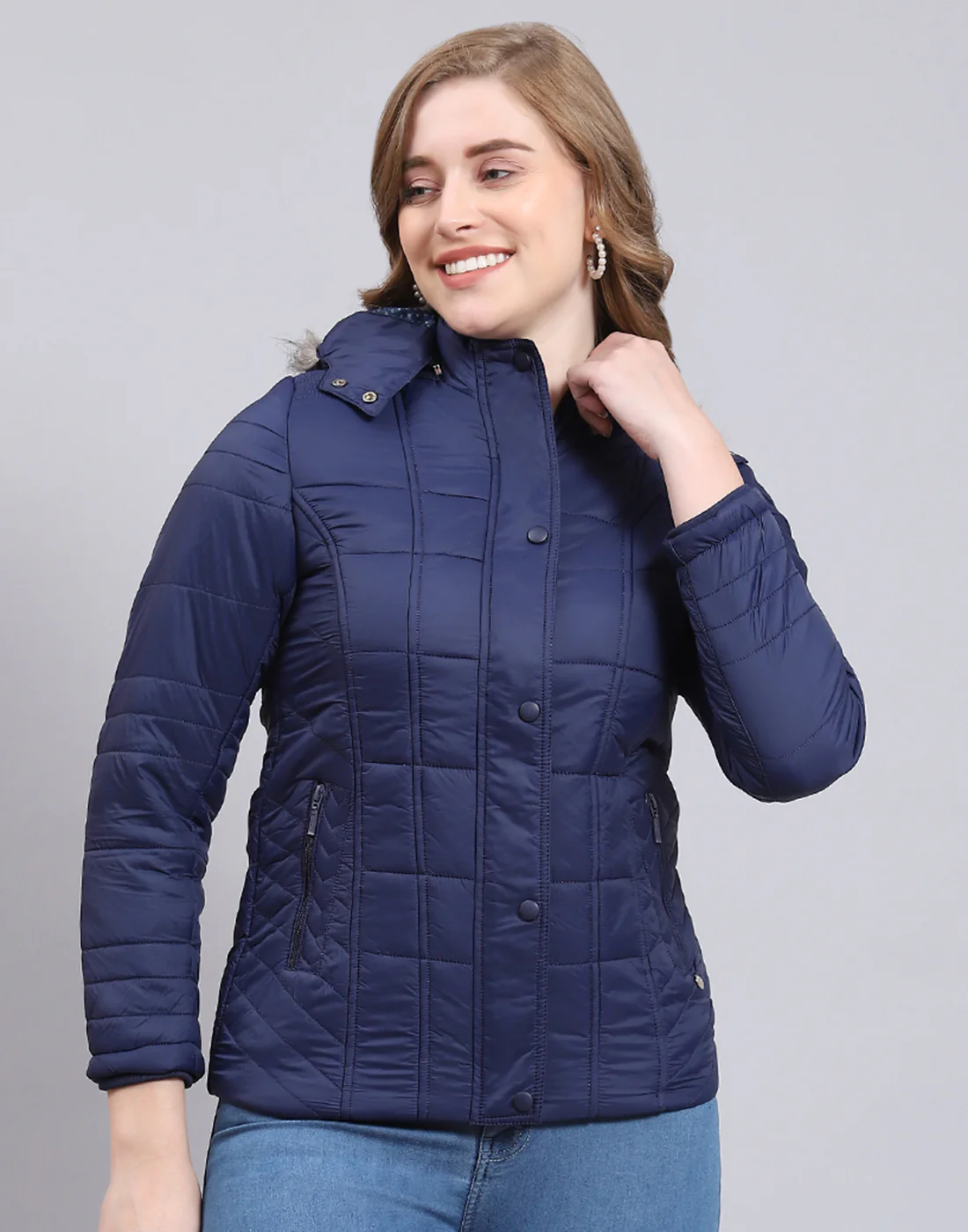 Women Navy Blue Solid Hooded Full Sleeve Jacket - Image 2