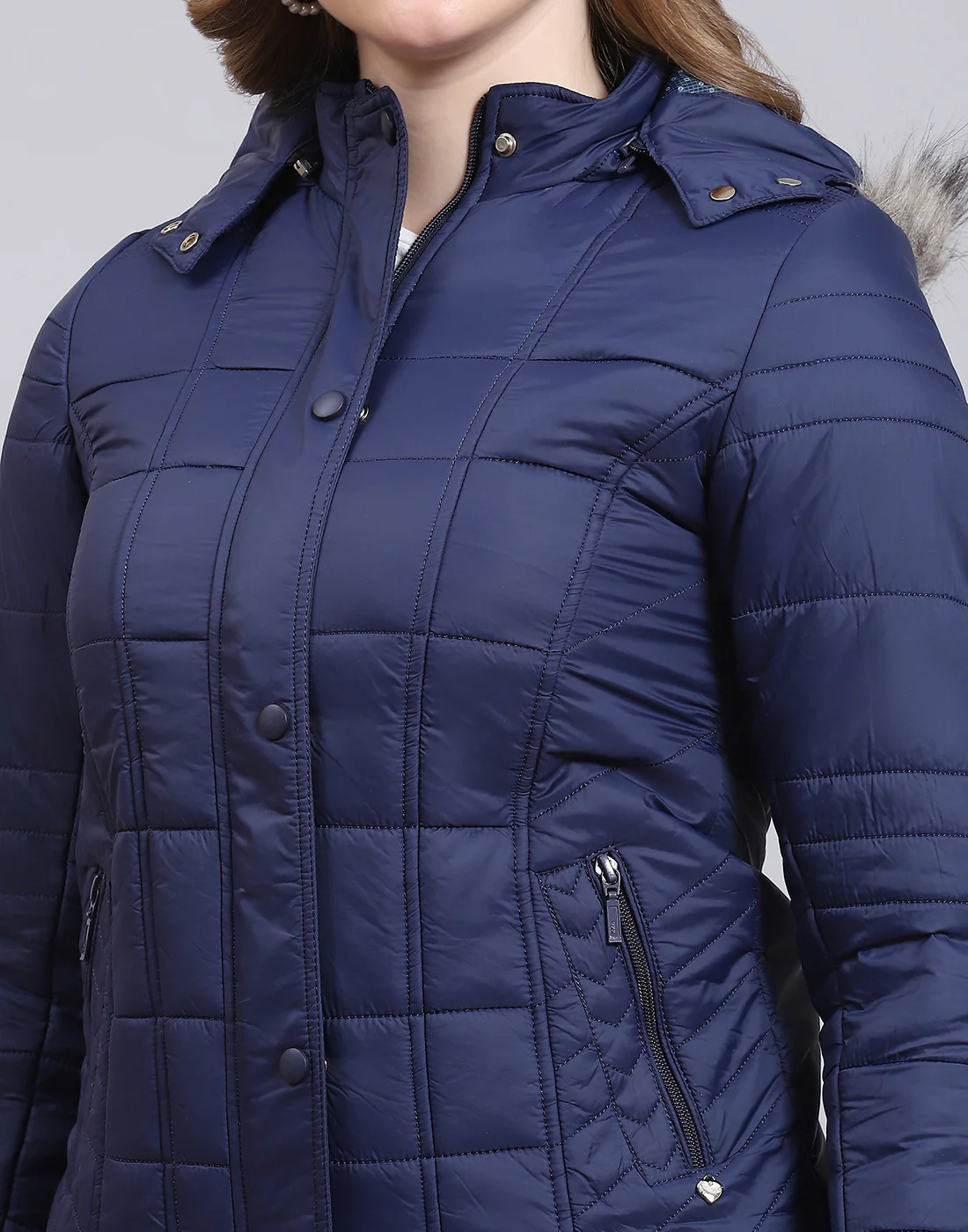Women Navy Blue Solid Hooded Full Sleeve Jacket - Image 8