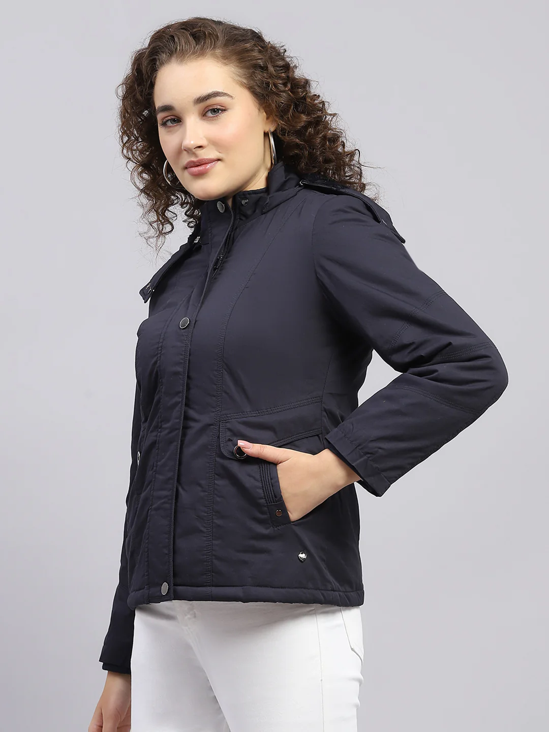 Women Navy Blue Solid Hooded Full Sleeve Jacket - Image 2