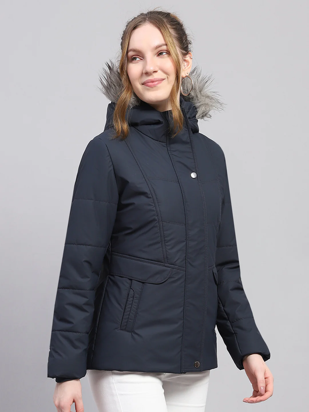 Women Navy Blue Solid Hooded Full Sleeve Jacket - Image 4