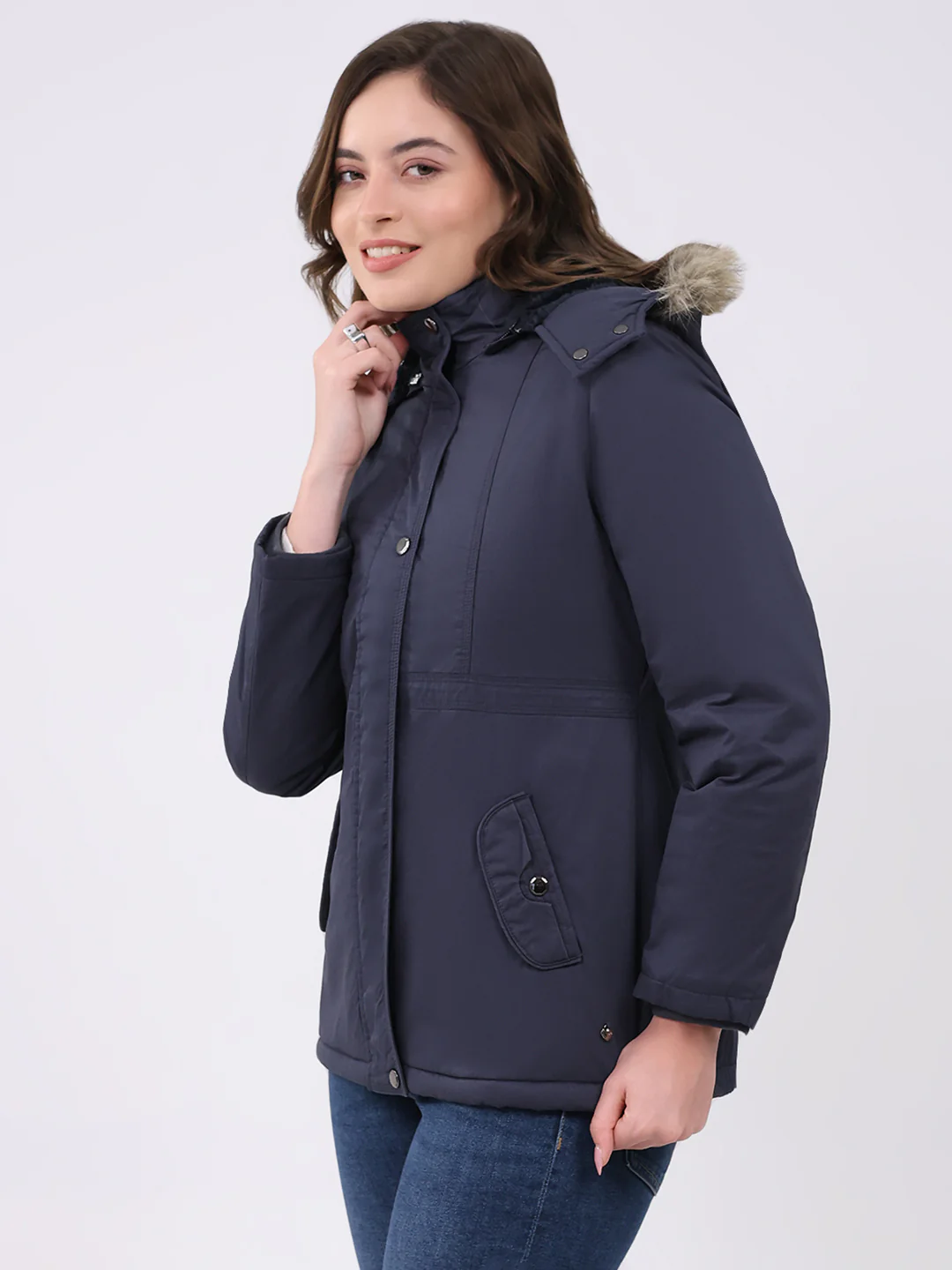 Women Navy Blue Solid Hooded Full Sleeve Jacket - Image 3