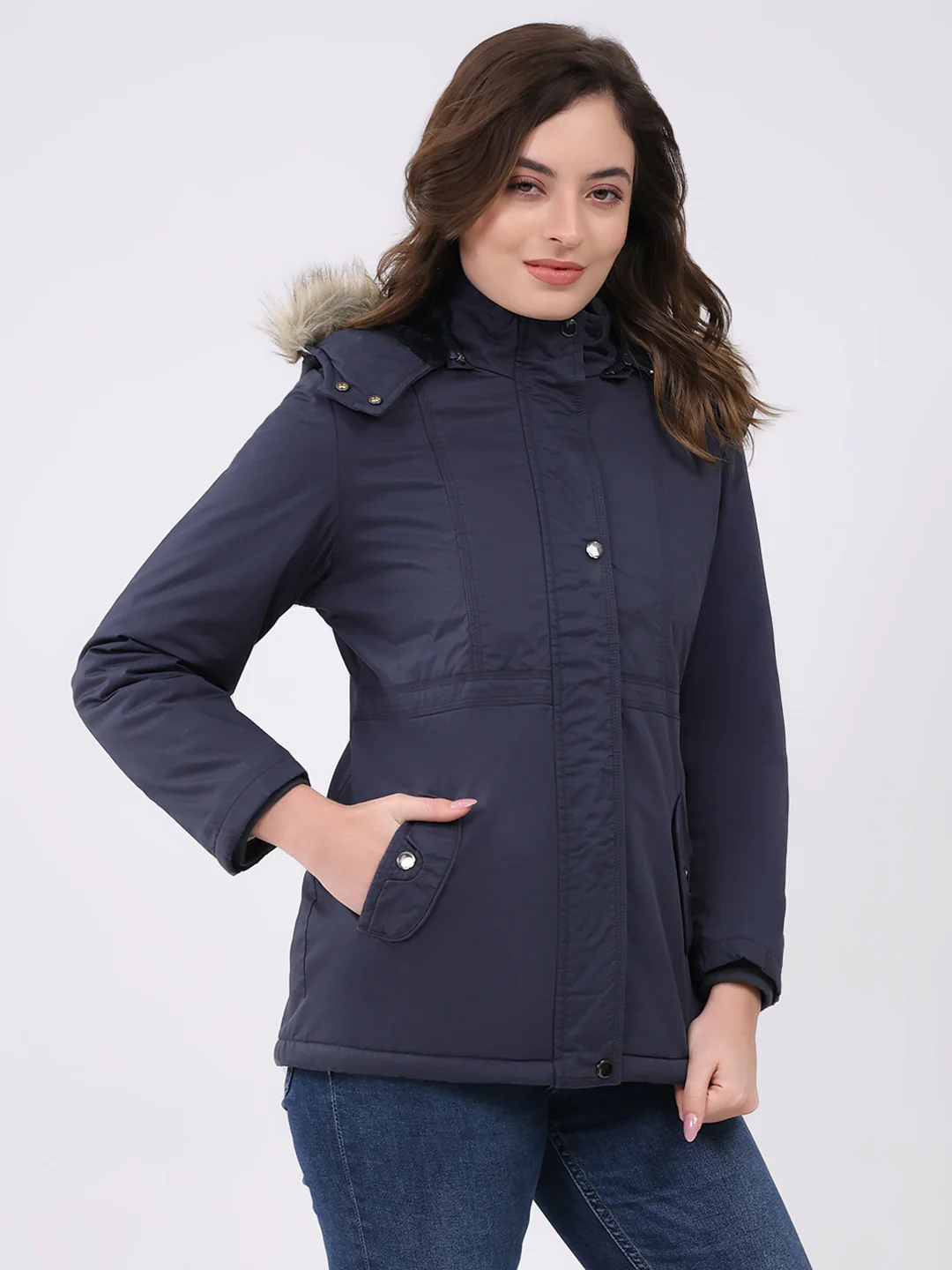 Women Navy Blue Solid Hooded Full Sleeve Jacket - Image 4