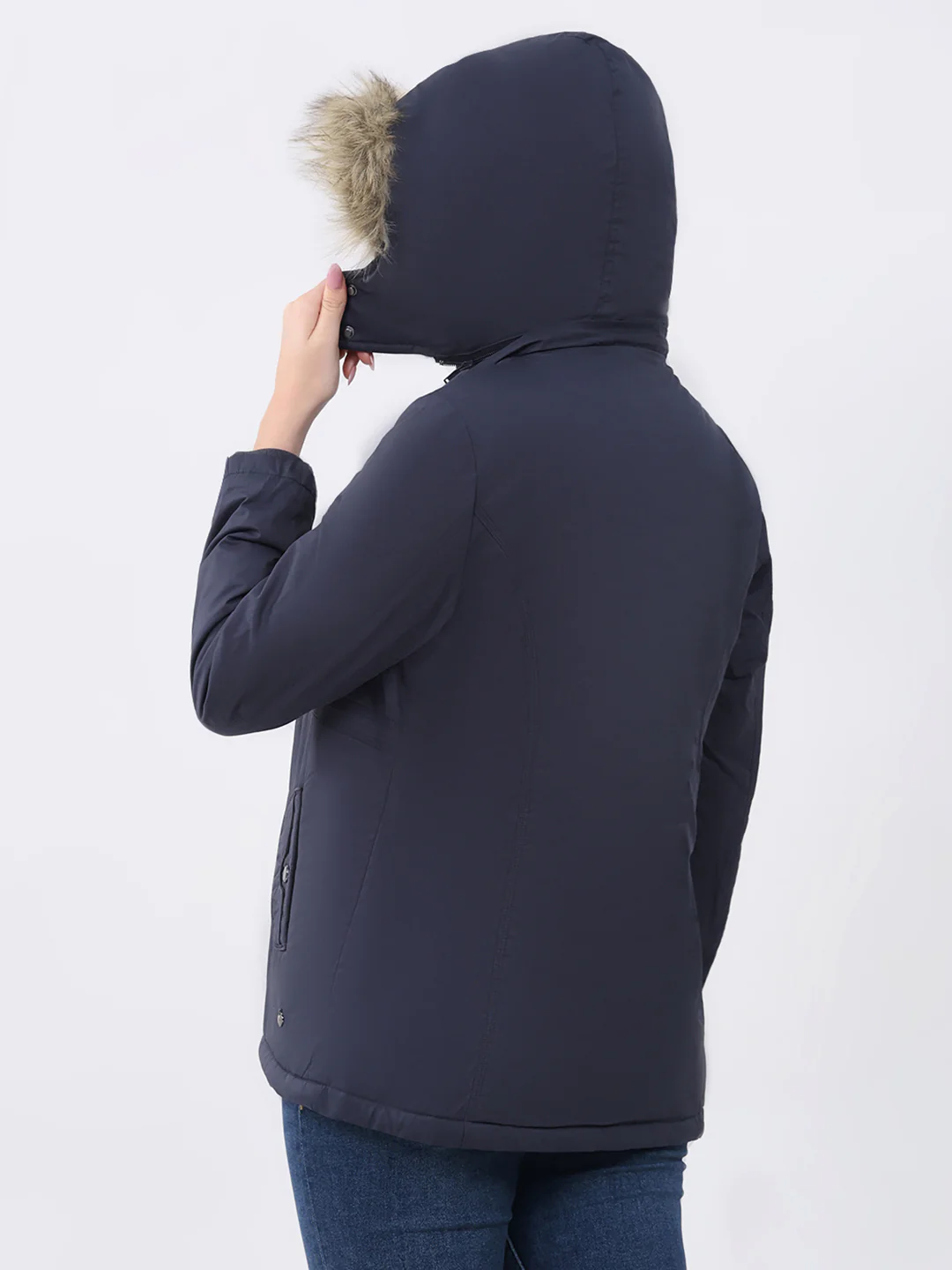 Women Navy Blue Solid Hooded Full Sleeve Jacket - Image 7