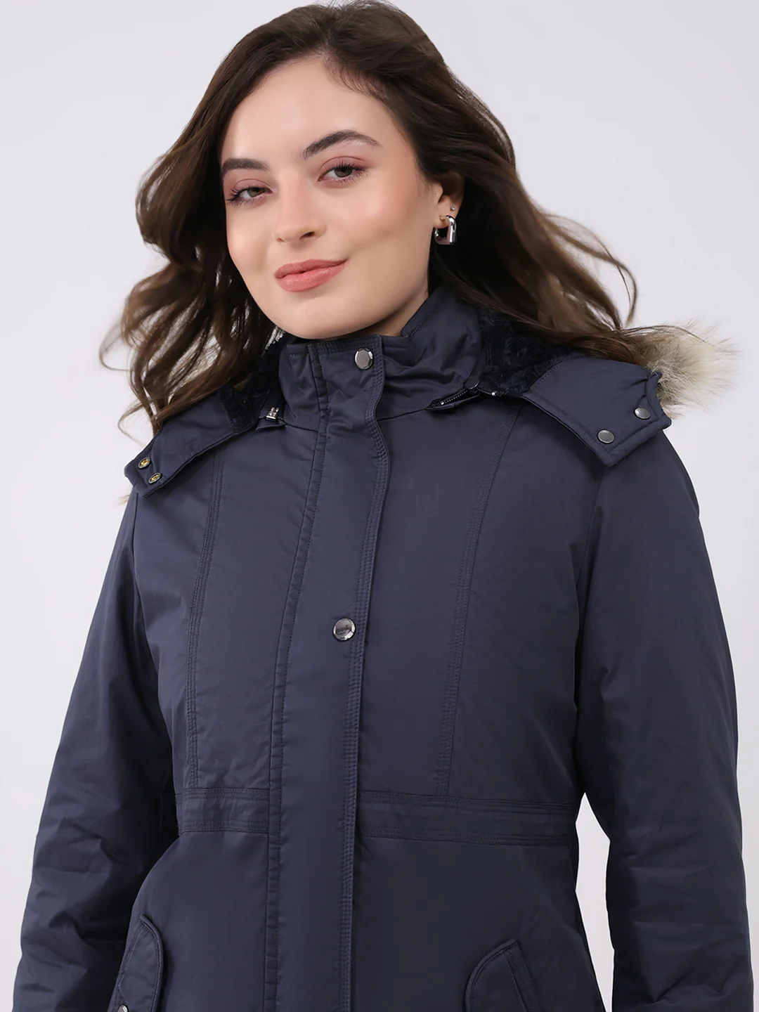Women Navy Blue Solid Hooded Full Sleeve Jacket - Image 9