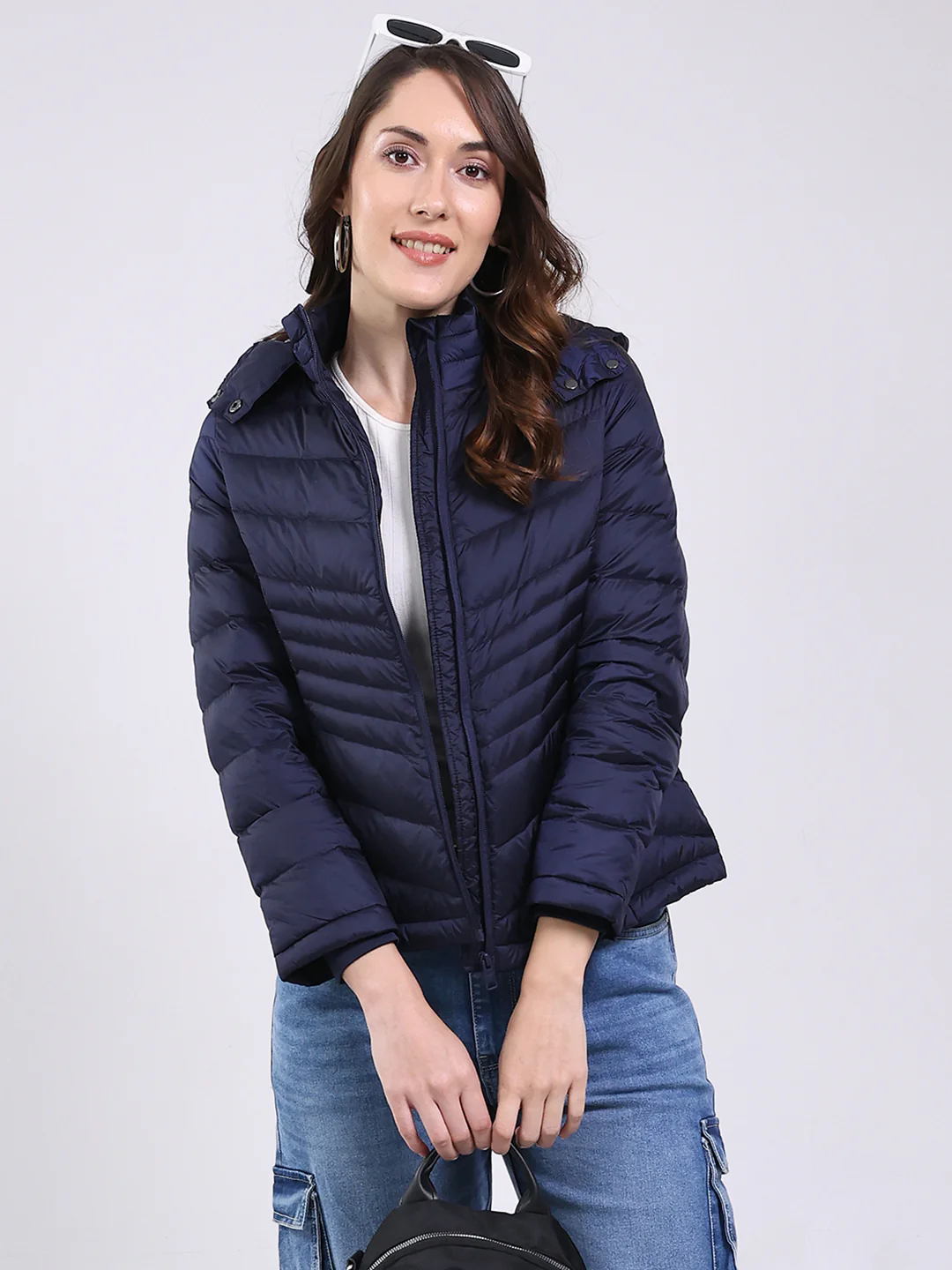 Women Navy Blue Solid Hooded Full Sleeve Jacket - Image 2