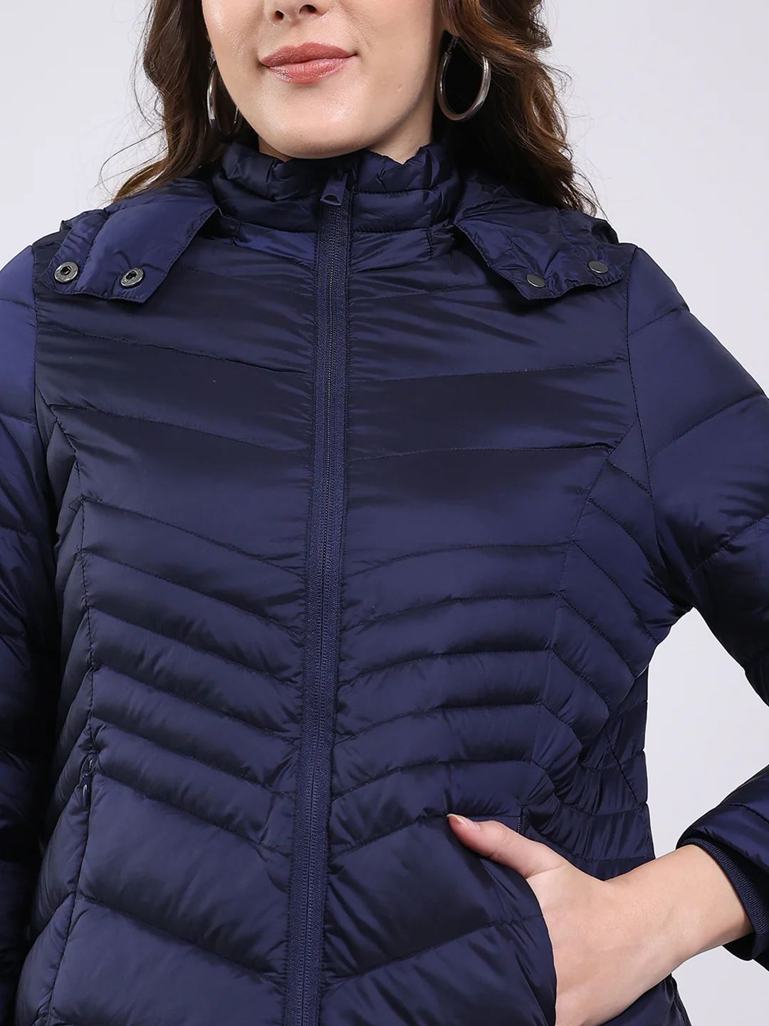 Women Navy Blue Solid Hooded Full Sleeve Jacket - Image 7