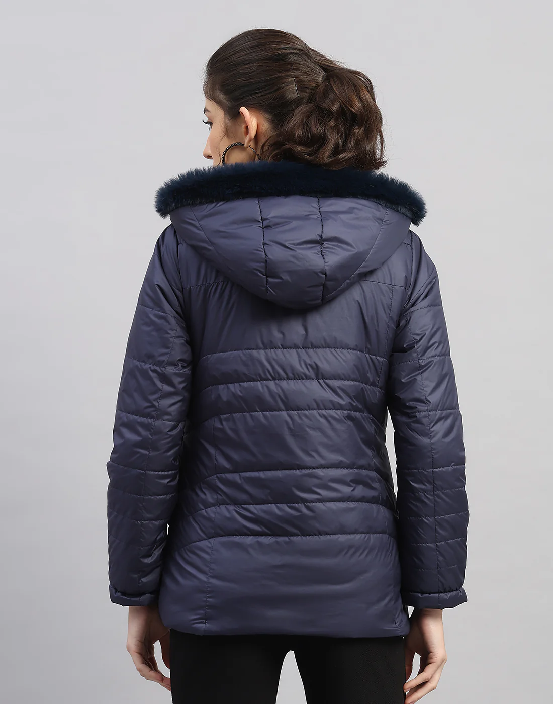 Women Navy Blue Solid Hooded Full Sleeve Jacket - Image 4