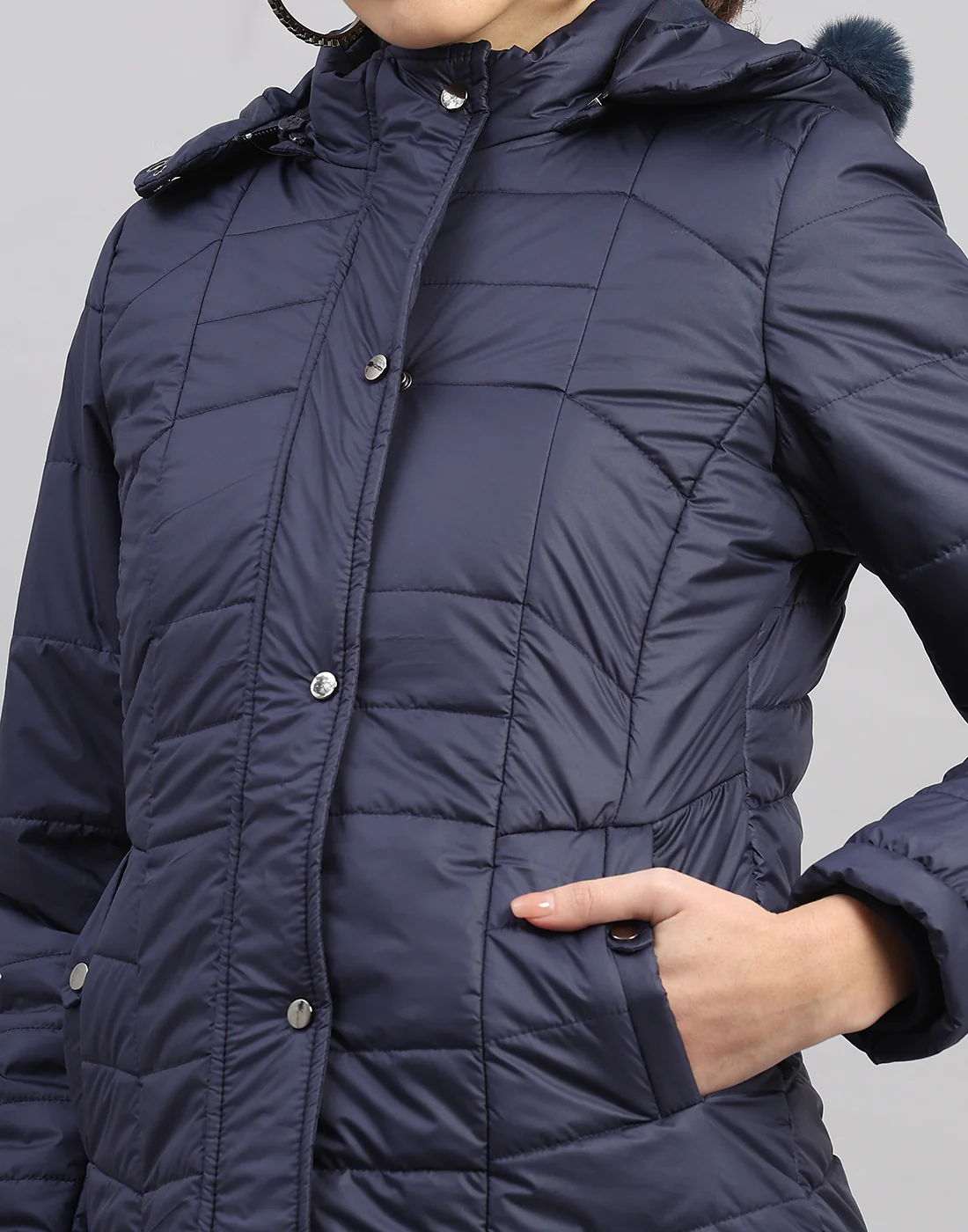 Women Navy Blue Solid Hooded Full Sleeve Jacket - Image 7