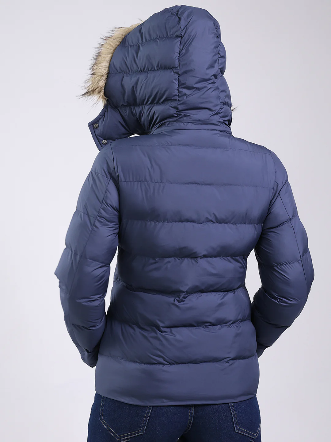 Women Navy Blue Solid Hooded Full Sleeve Jacket - Image 2