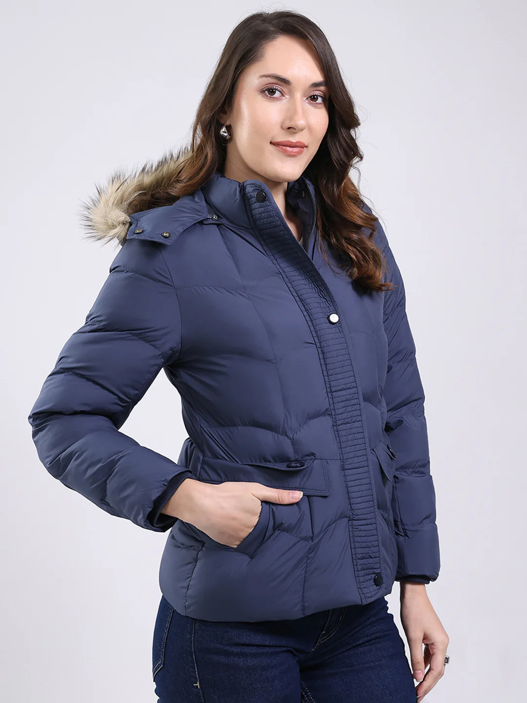 Women Navy Blue Solid Hooded Full Sleeve Jacket - Image 4