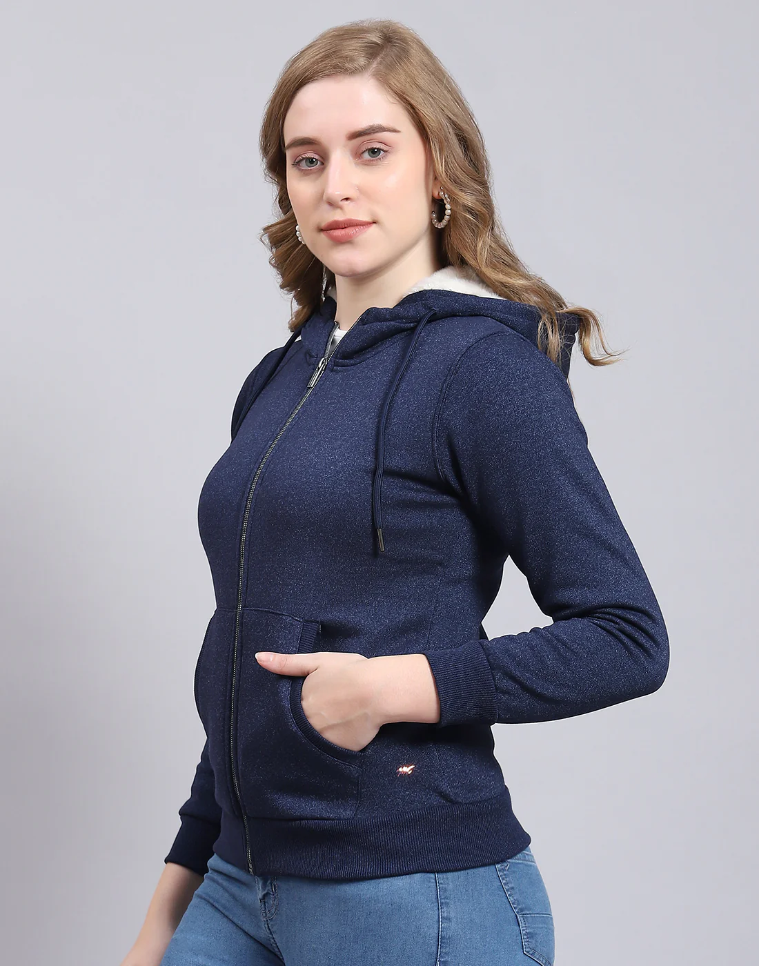 Women Navy Blue Solid Hooded Full Sleeve Sweatshirt - Image 3