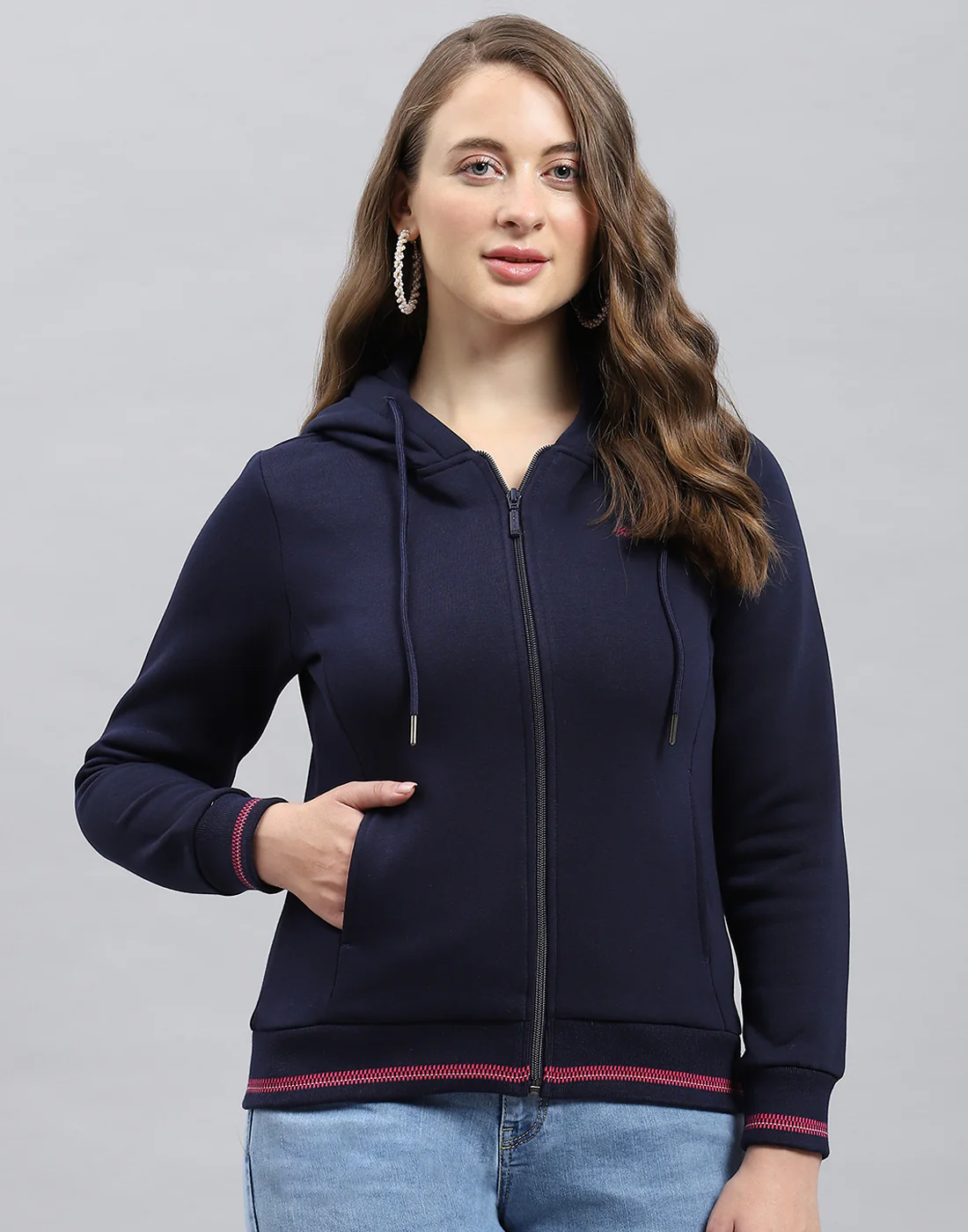Women Navy Blue Solid Hooded Full Sleeve Sweatshirt - Image 2