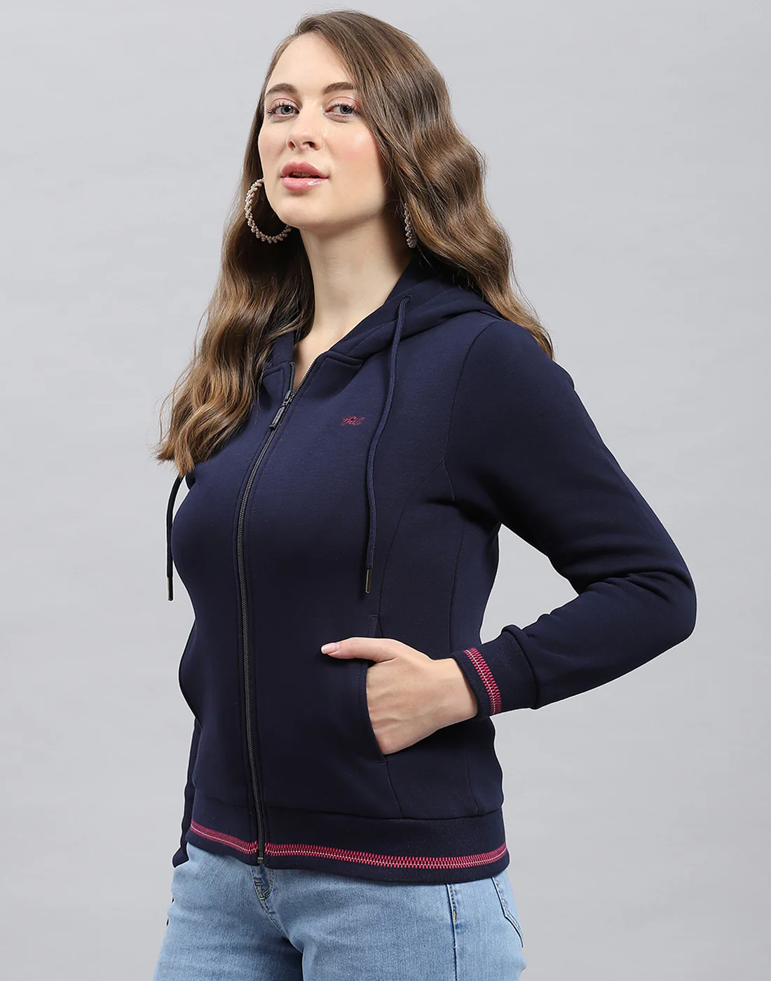 Women Navy Blue Solid Hooded Full Sleeve Sweatshirt - Image 3
