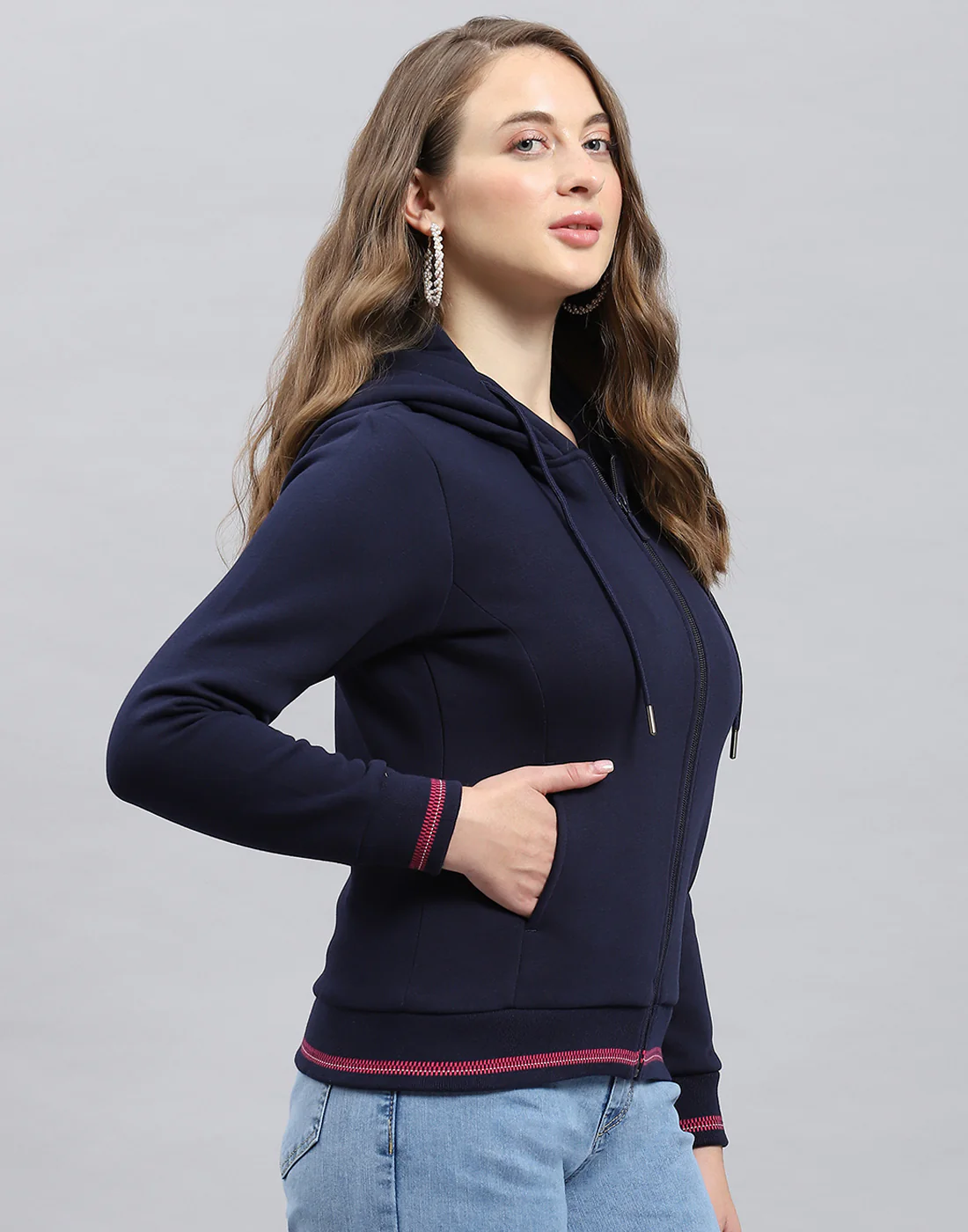 Women Navy Blue Solid Hooded Full Sleeve Sweatshirt - Image 4