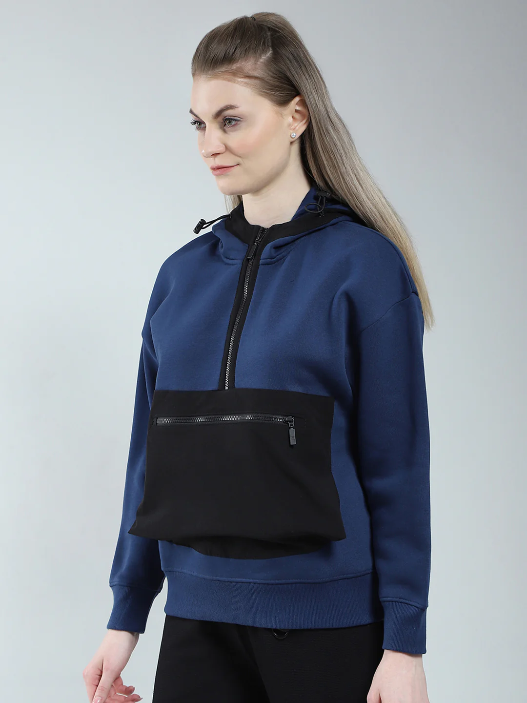 Rock.it Women Navy Blue Solid Hooded Full Sleeve Sweatshirt - Image 3