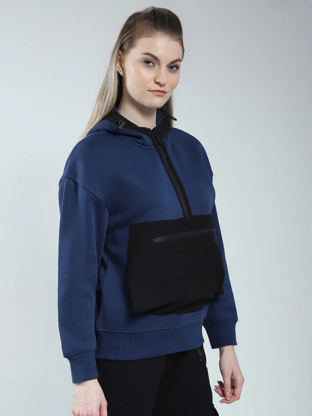Rock.it Women Navy Blue Solid Hooded Full Sleeve Sweatshirt - Image 4