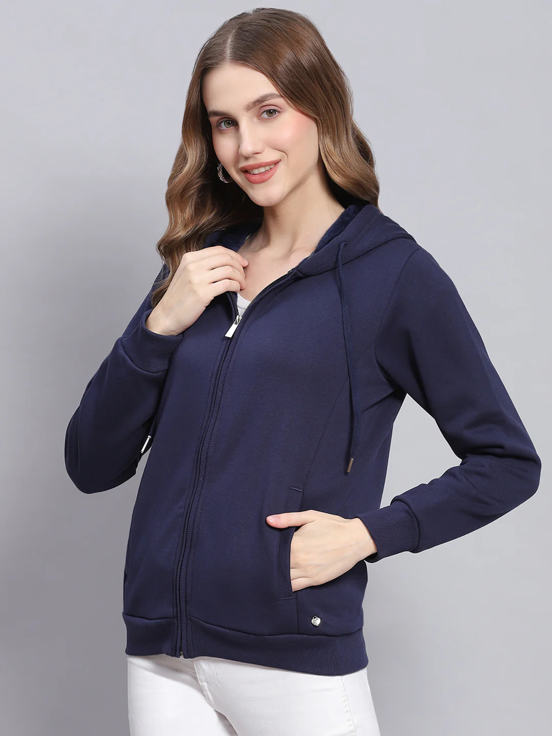 Women Navy Blue Solid Hooded Full Sleeve Sweatshirts - Image 3