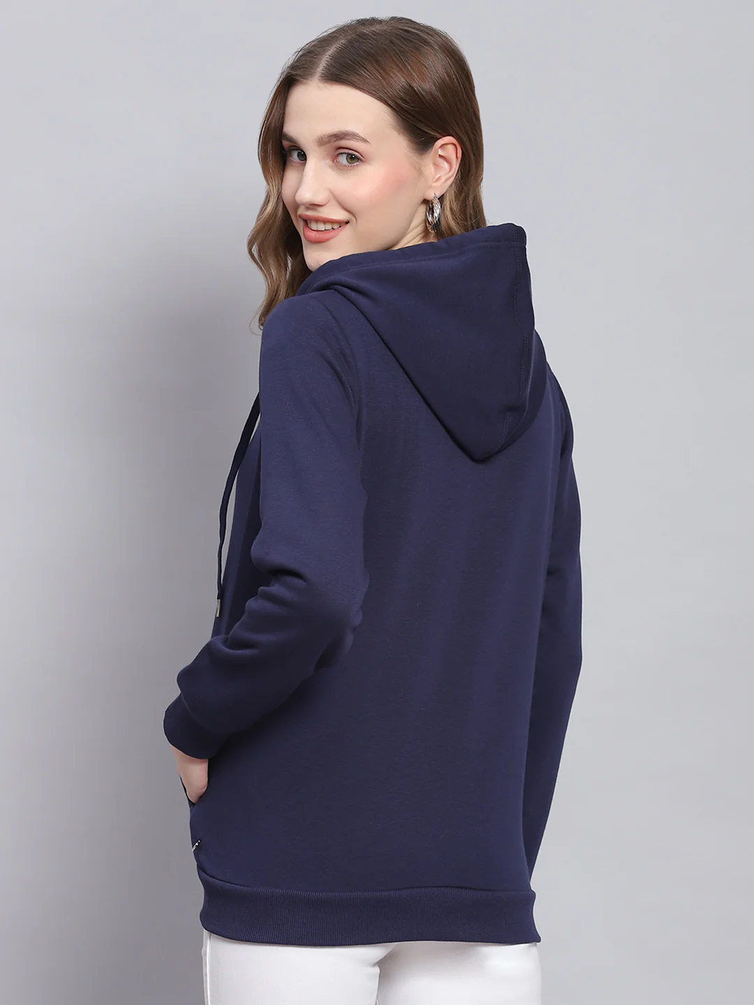 Women Navy Blue Solid Hooded Full Sleeve Sweatshirts - Image 5