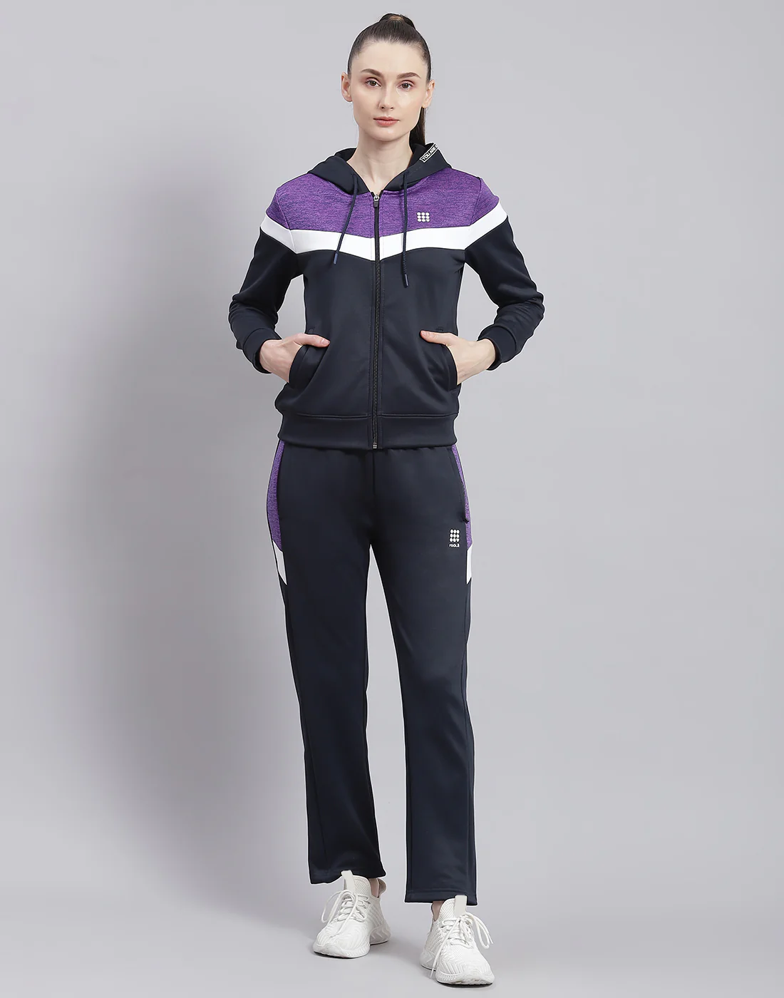 Rock.it Women Navy Blue Solid Hooded Full Sleeve Tracksuit - Image 2