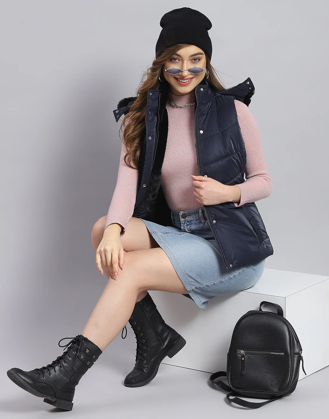 Women Navy Blue Solid Hooded Sleeveless Jacket - Image 3