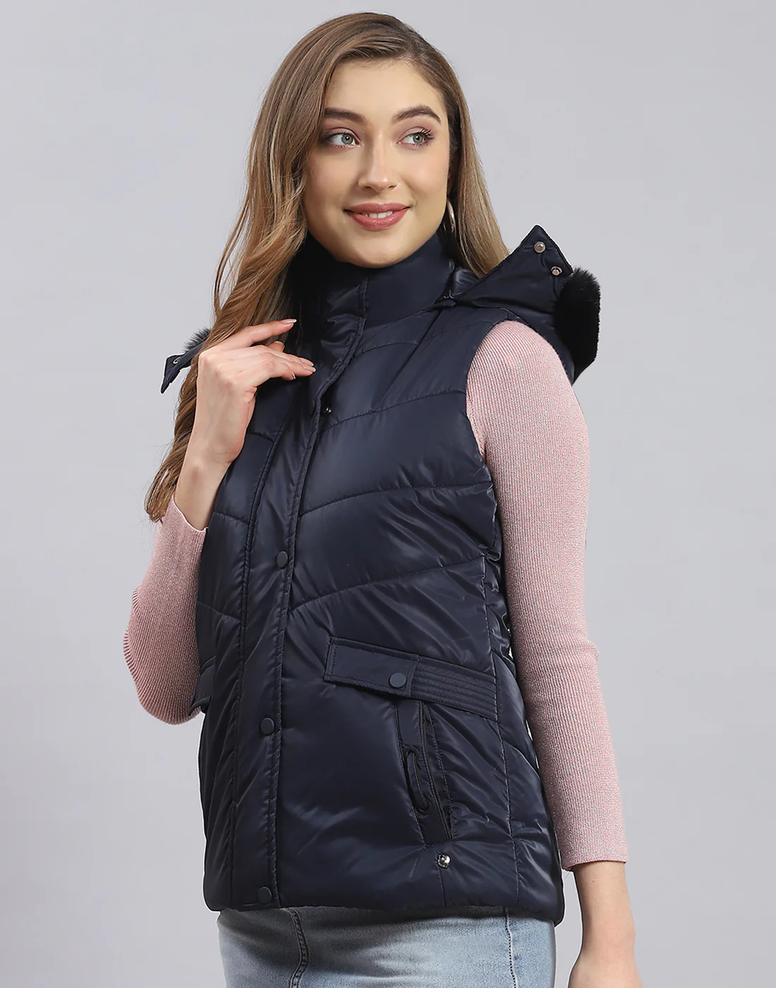 Women Navy Blue Solid Hooded Sleeveless Jacket - Image 4