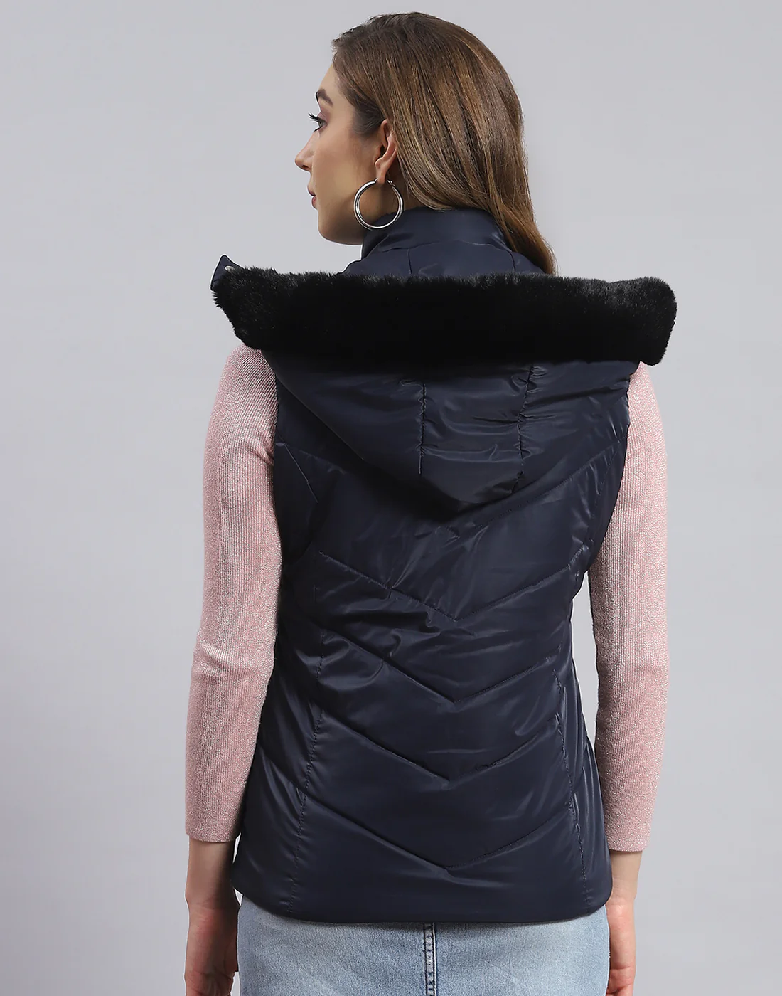 Women Navy Blue Solid Hooded Sleeveless Jacket - Image 6