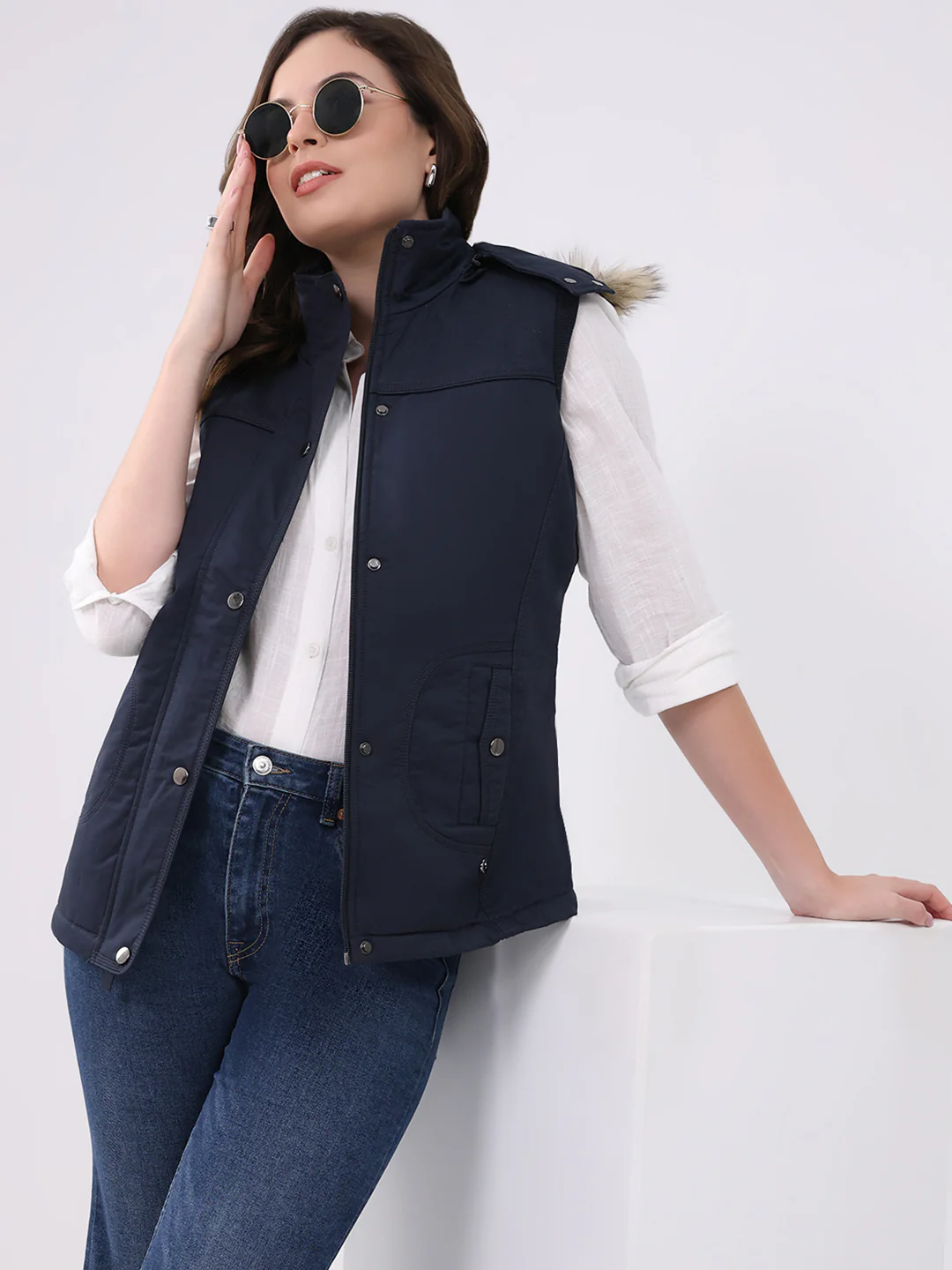 Women Navy Blue Solid Hooded Sleeveless Jacket - Image 6