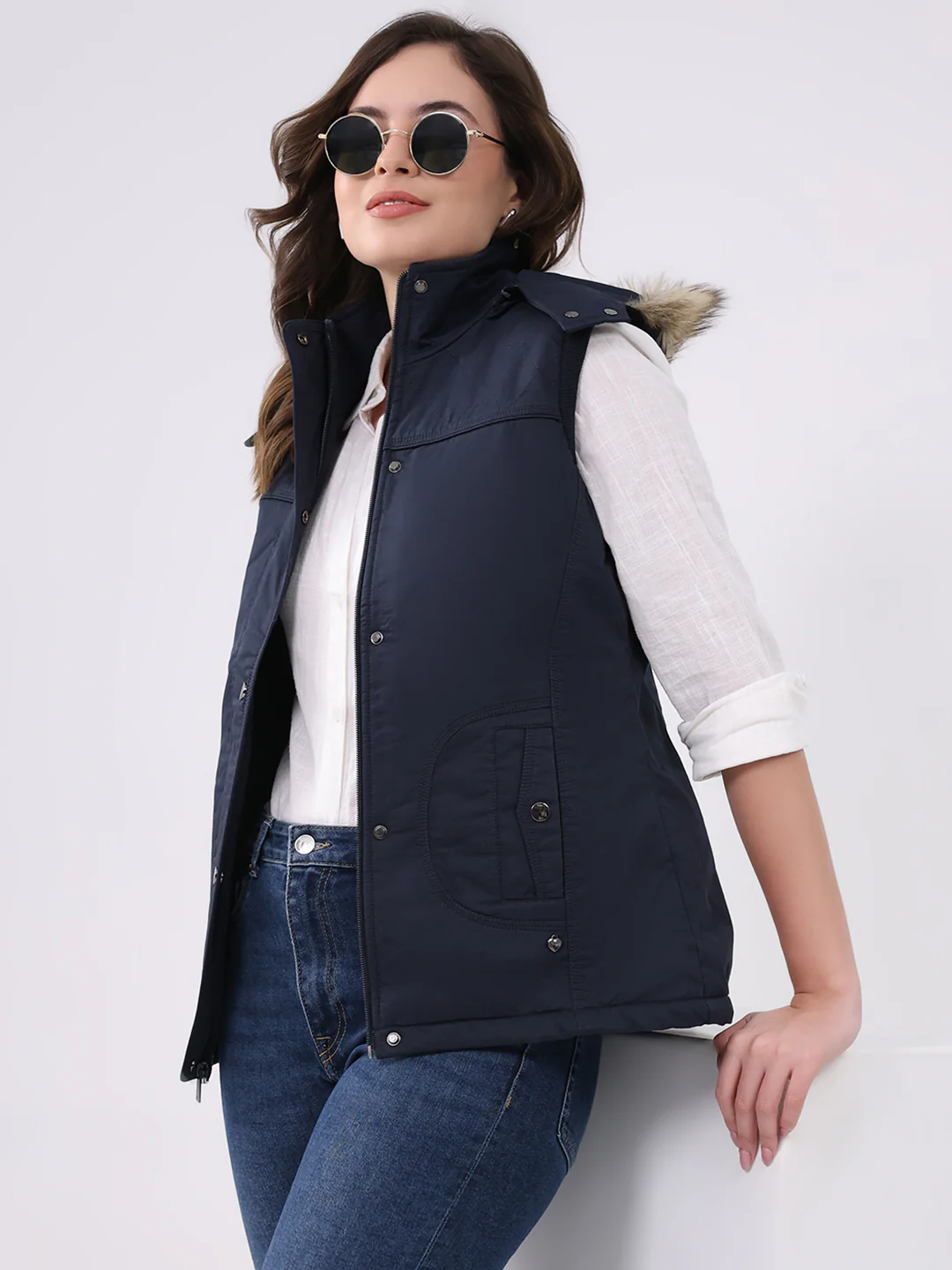Women Navy Blue Solid Hooded Sleeveless Jacket - Image 7