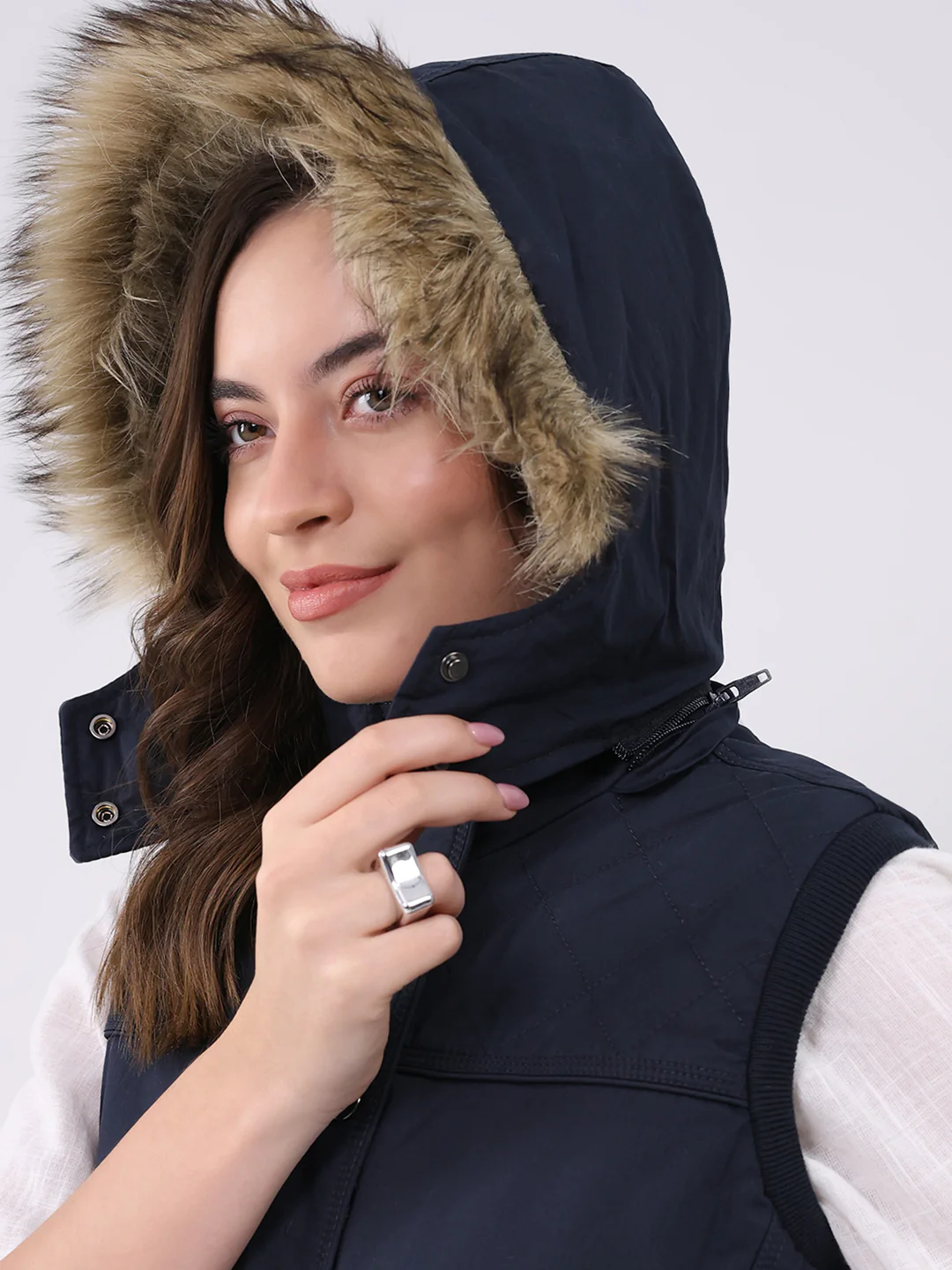Women Navy Blue Solid Hooded Sleeveless Jacket - Image 8
