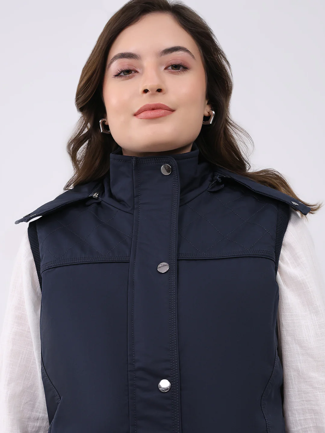 Women Navy Blue Solid Hooded Sleeveless Jacket - Image 9