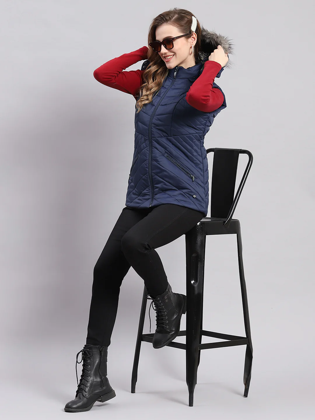 Women Navy Blue Solid Hooded Sleeveless Jackets - Image 2