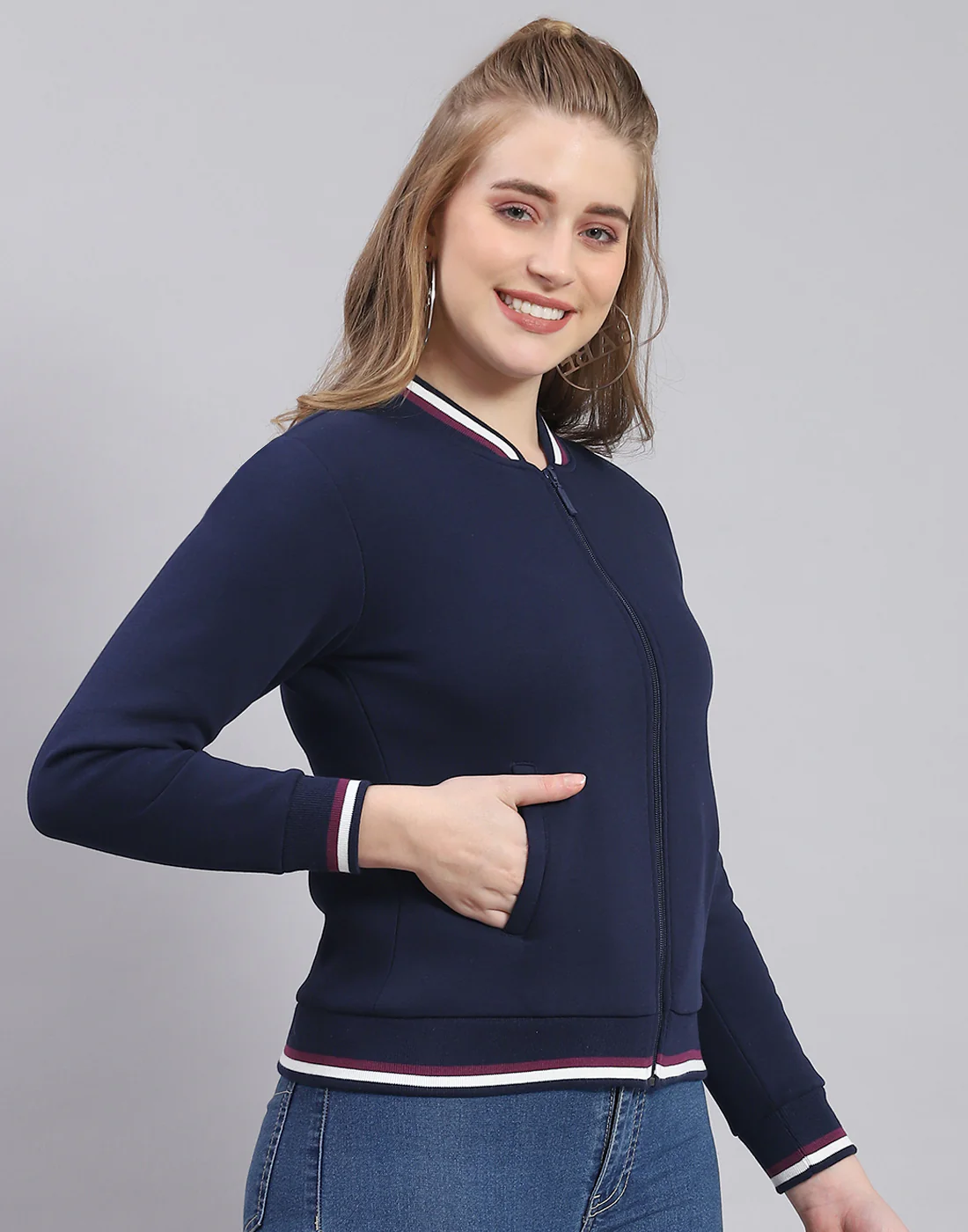 Women Navy Blue Solid Mandarin Collar Full Sleeve Sweatshirt - Image 4