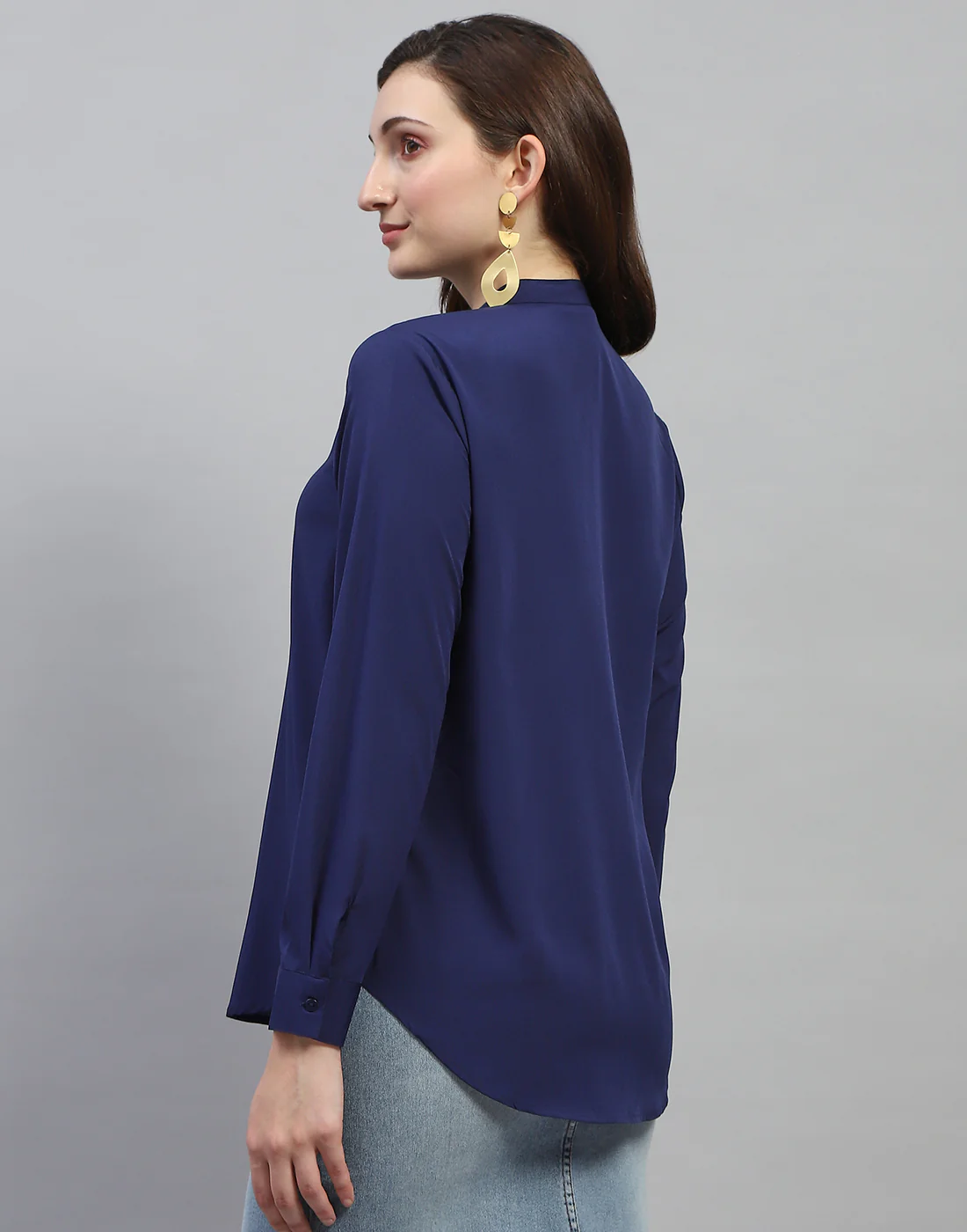 Women Navy Blue Solid Mandarin Collar Full Sleeve Top - Image 5