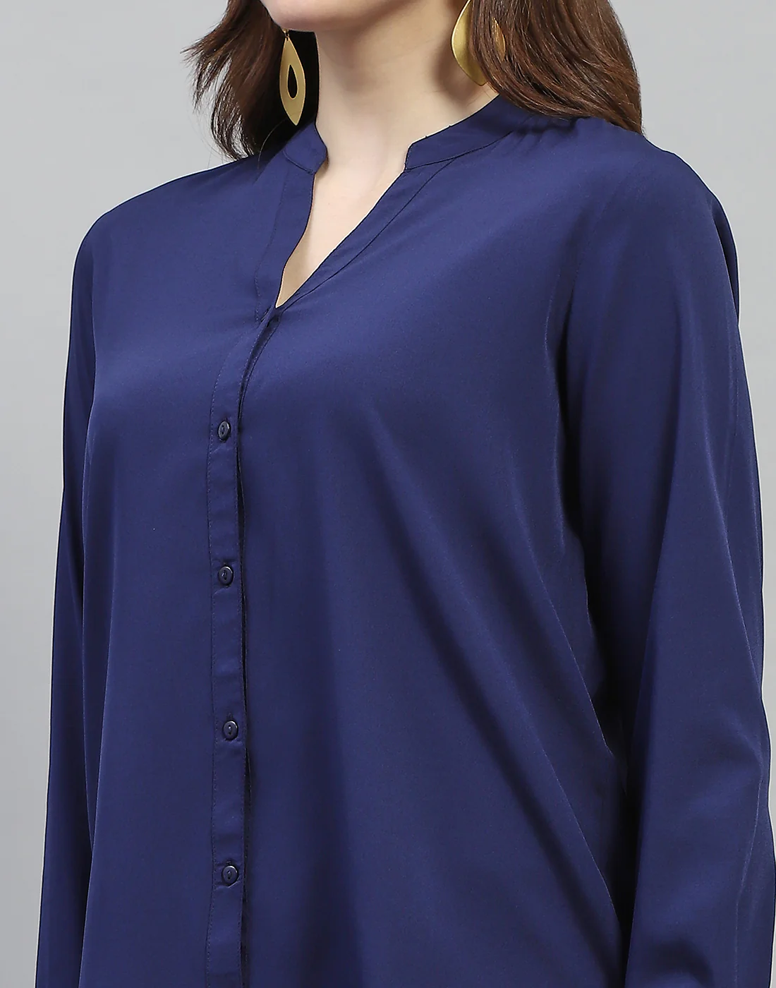 Women Navy Blue Solid Mandarin Collar Full Sleeve Top - Image 6