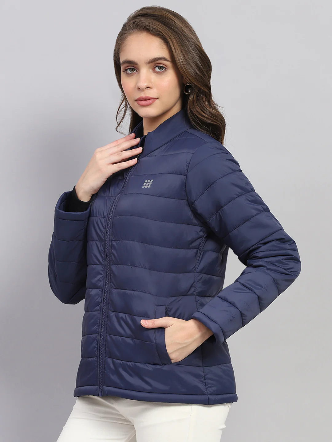 Rock.it Women Navy Blue Solid Mock Neck Full Sleeve Jacket - Image 3