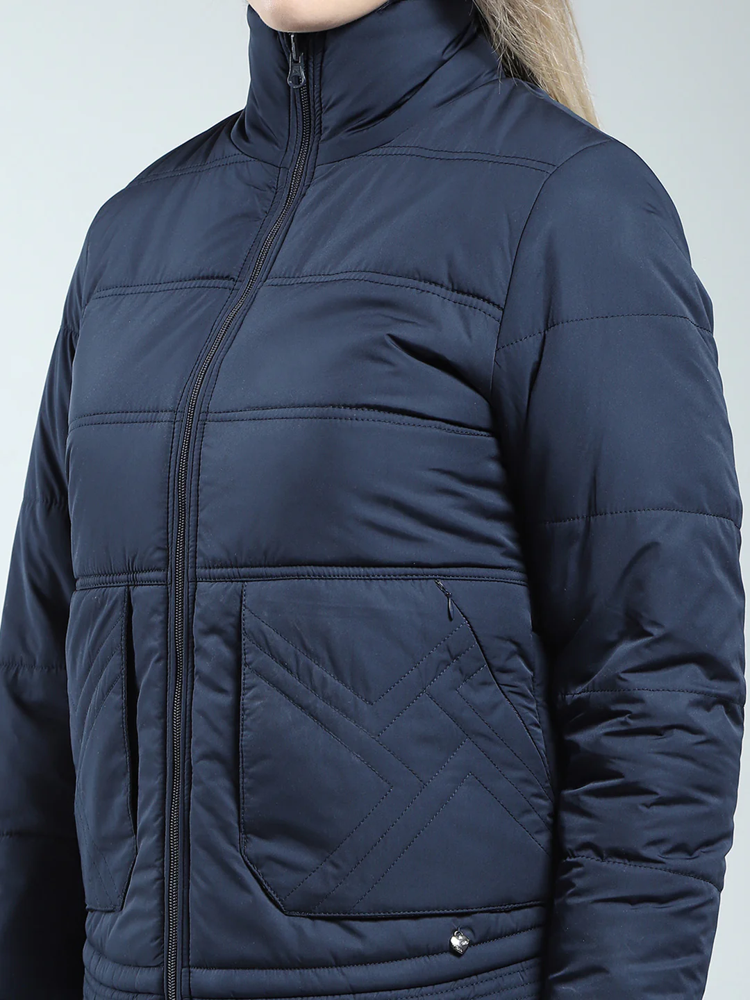 Women Navy Blue Solid Mock Neck Full Sleeve Reversible Jacket - Image 10