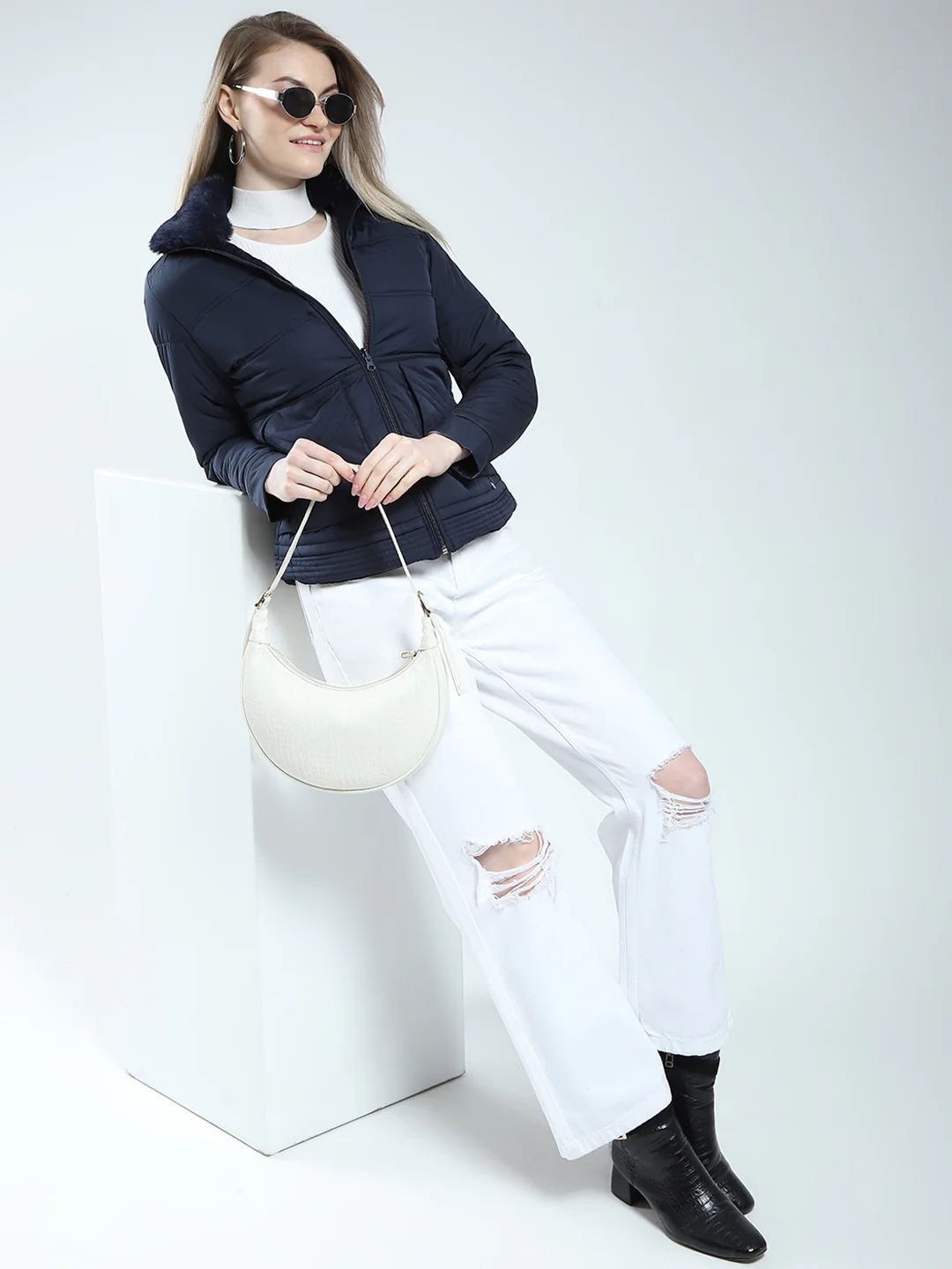 Women Navy Blue Solid Mock Neck Full Sleeve Reversible Jacket - Image 2