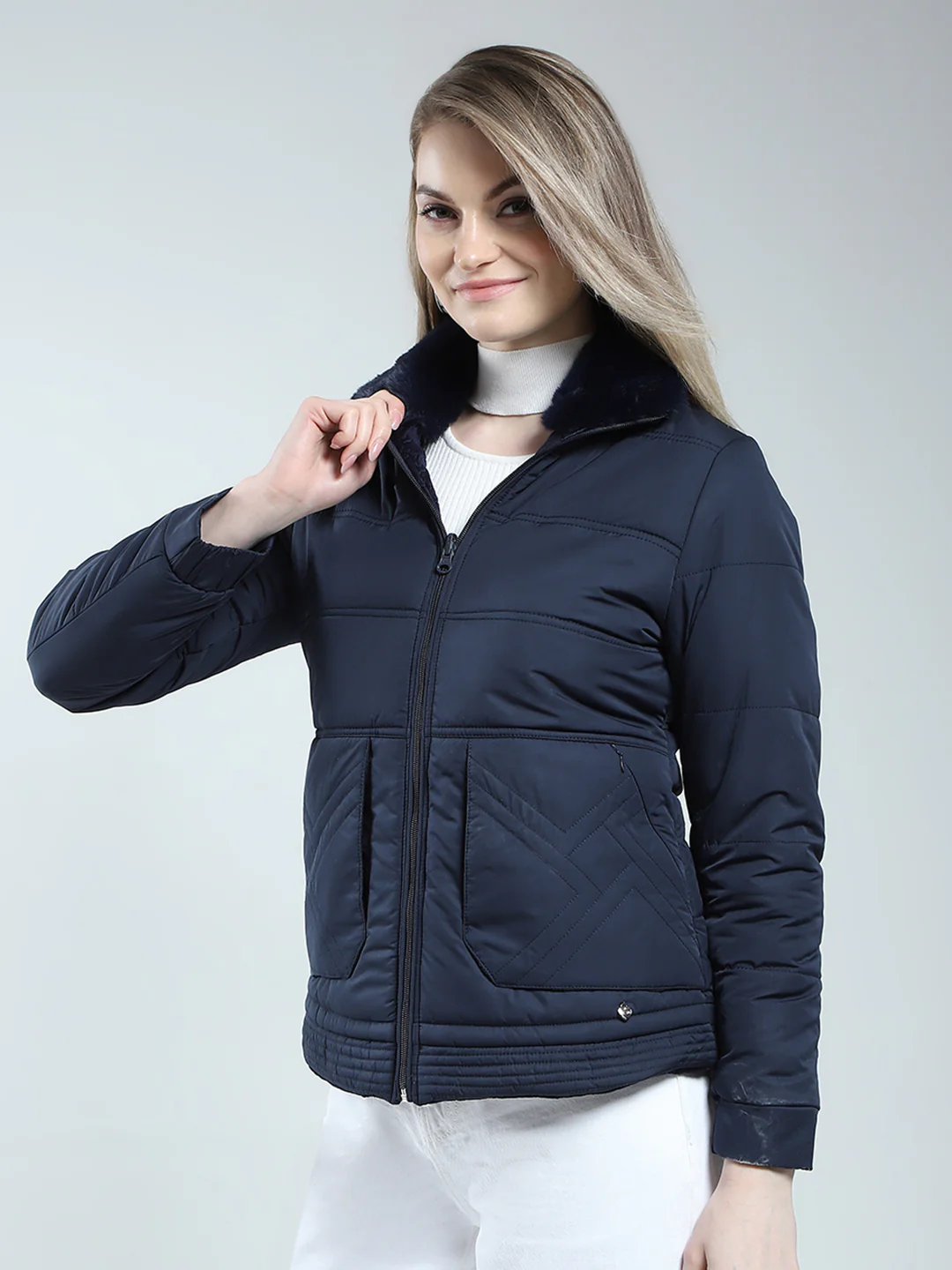 Women Navy Blue Solid Mock Neck Full Sleeve Reversible Jacket - Image 3