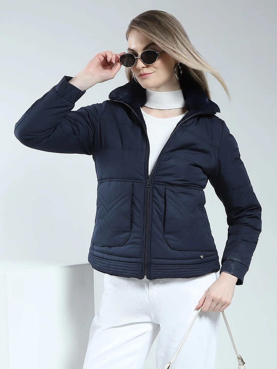 Women Navy Blue Solid Mock Neck Full Sleeve Reversible Jacket - Image 6