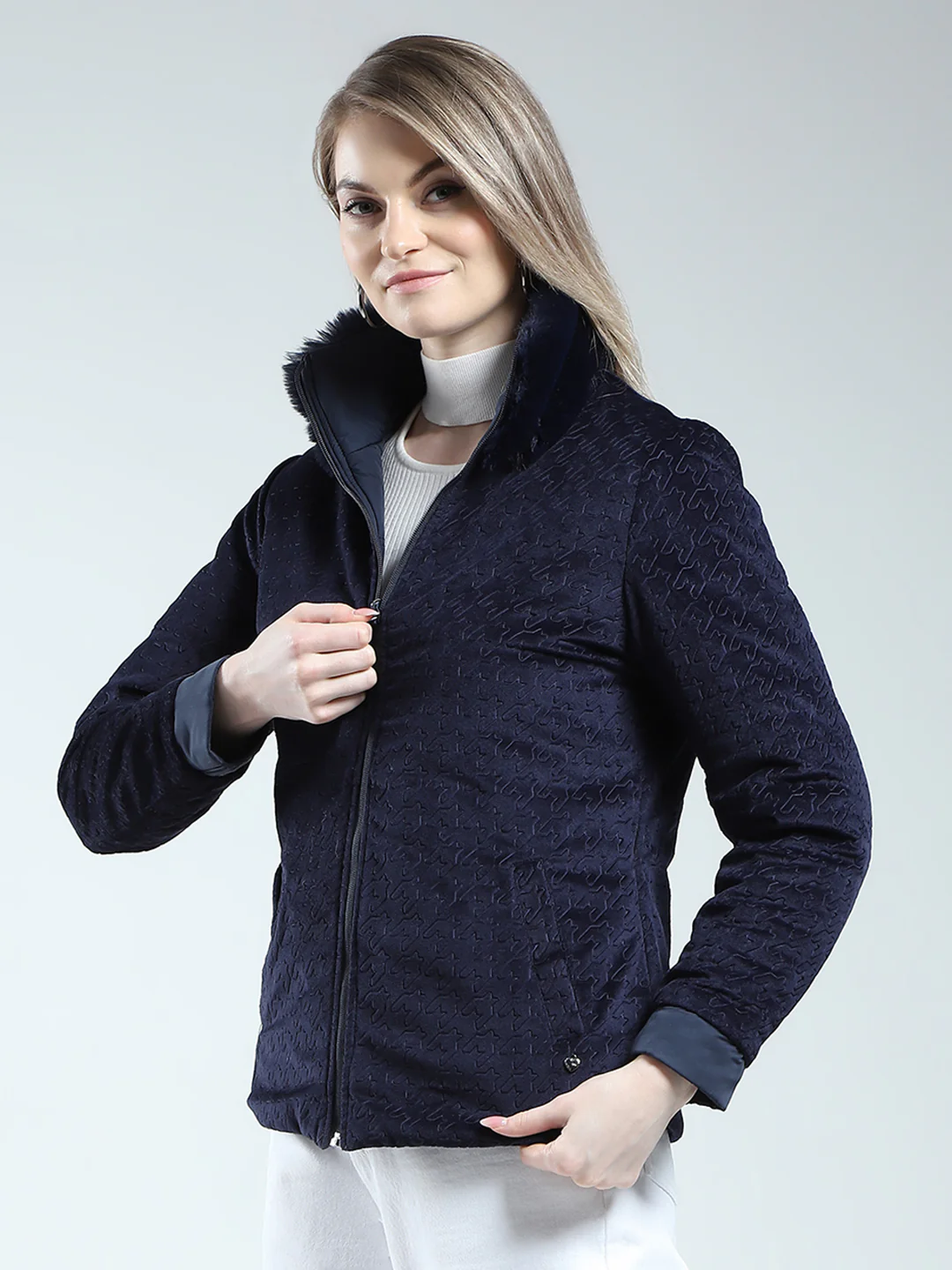 Women Navy Blue Solid Mock Neck Full Sleeve Reversible Jacket - Image 8