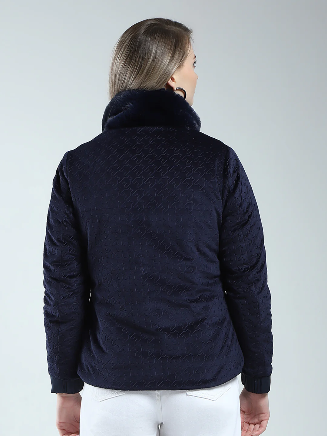 Women Navy Blue Solid Mock Neck Full Sleeve Reversible Jacket - Image 9